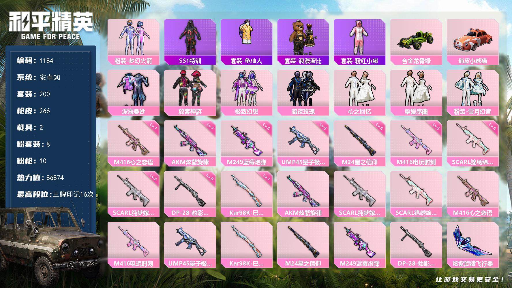 和平精英账号安卓QQ2载具-200套装-266枪皮-200套装/枪械10/装备285/载具2/战备184/王牌印记16/