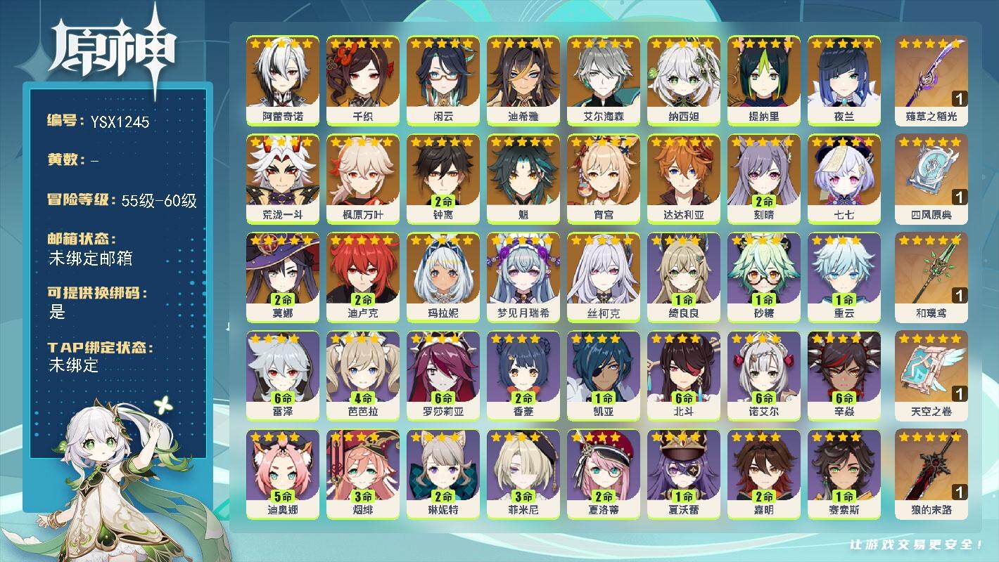 原神账号官服 天空岛【YSX1245】58级/男主/23个五星角色/0命丝柯克/0命梦见月瑞希/0命玛拉妮/0命阿蕾奇诺/0命千织/0命闲云/0命迪希雅/0命艾尔海森/0命纳西妲/0命提纳里/0命夜兰/0命荒泷一斗/0
