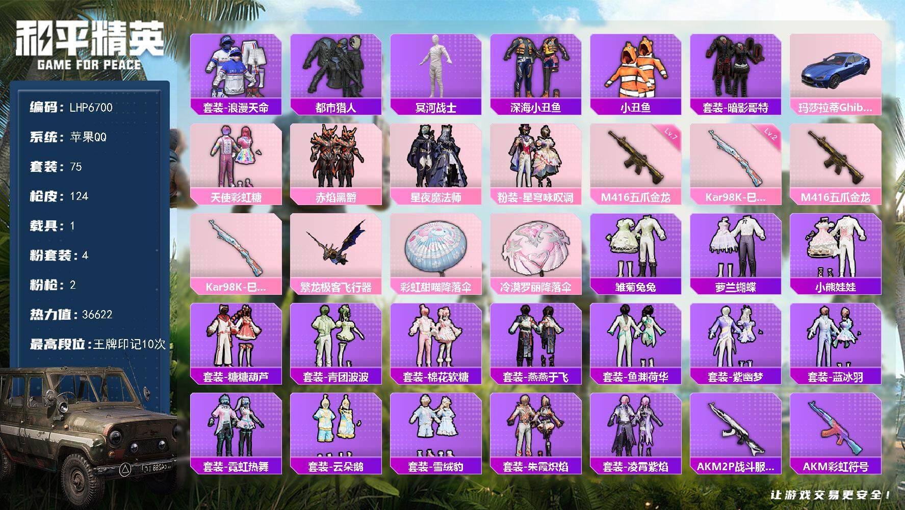 和平精英账号苹果QQ【店主推荐捡漏号！可直接换绑】/老木乃伊 苹果 手Q-4粉装-2特效枪-1载具-1粉色飞行器-3.6w热力值-10王牌印记-75套装-124枪皮【热门品类】：套装-浪漫天命，套装-都市猎人，套装-冥
