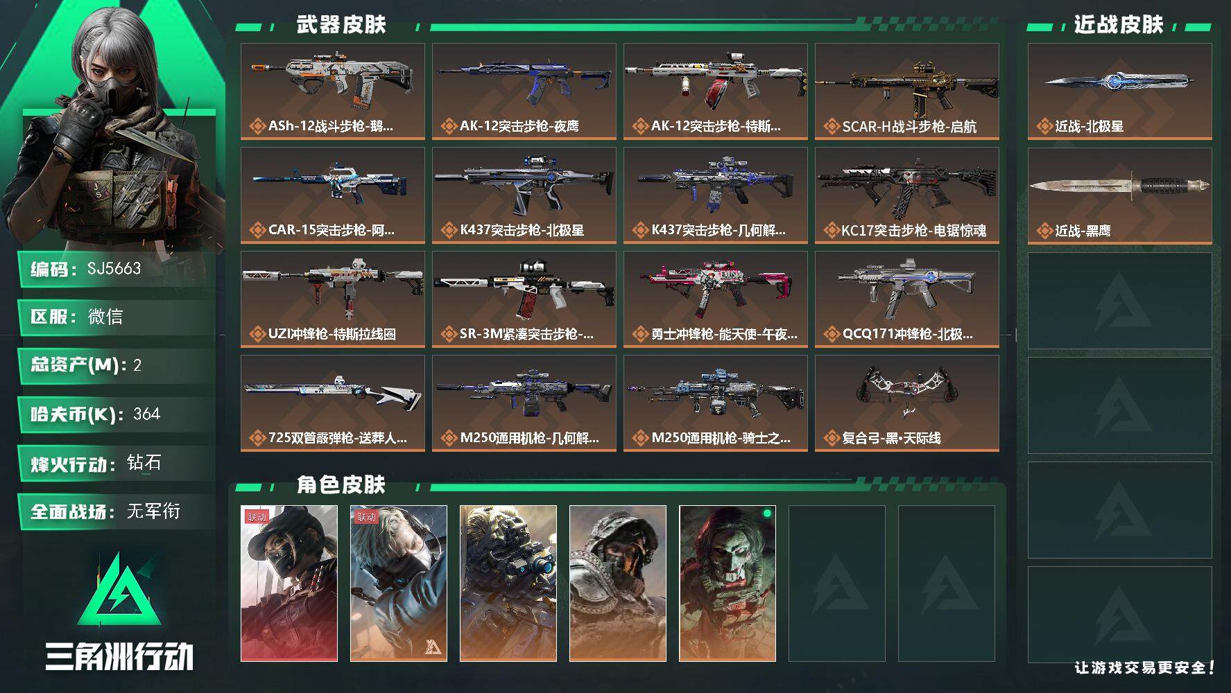 三角洲行动账号VX【SJ5663】总资产(M)：2M/哈夫币(K)：364K/哈夫币(K)：364K/传说枪皮数：16/全面战场等级：1_段位：无段位/烽火地带等级：60_段位：钻石/露娜-黑·天际线/蜂医-送葬人·