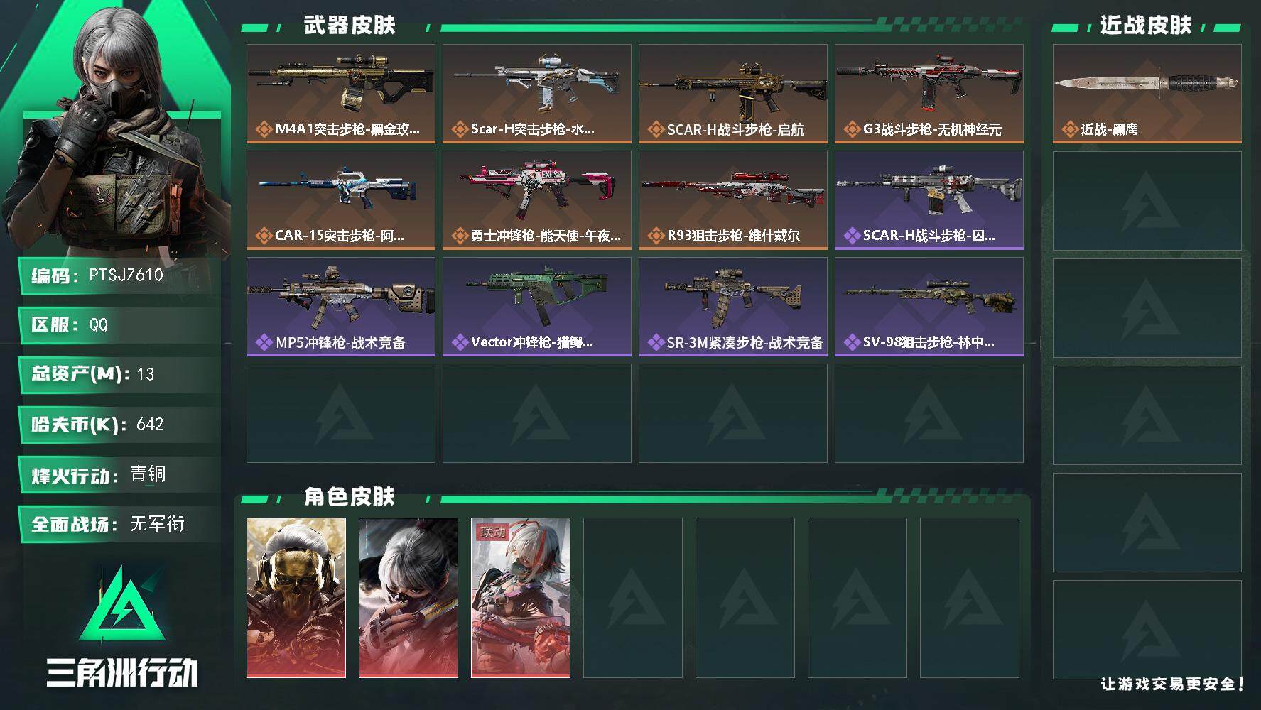 三角洲行动账号QQ【PTSJZ610】【限时秒杀】642k哈伏币-10m流动资产-32烽火等级-青铜-1战场等级-无军