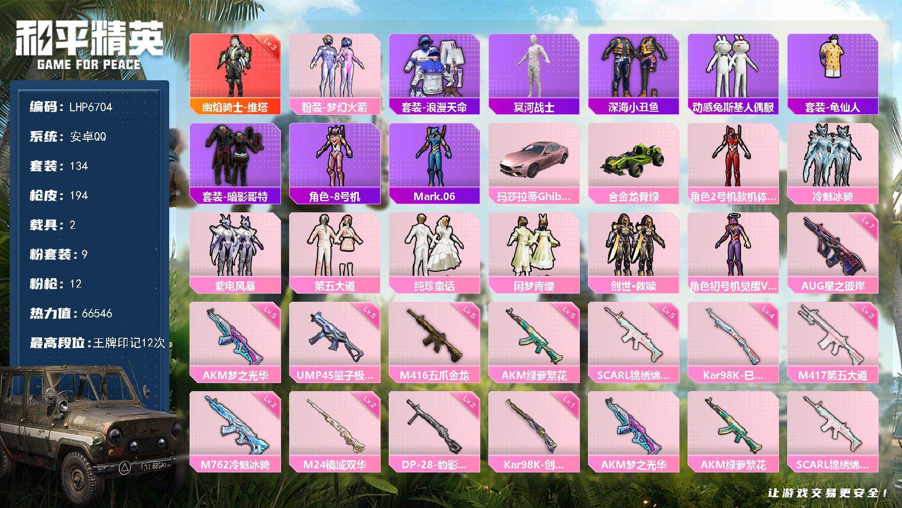 和平精英账号安卓QQ可二次【店主推荐捡漏号！可直接换绑】/素材身法号/老木乃伊 安卓 手Q-1神装-9粉装-12特效枪-2载具-6粉色飞行器-6.6w热力值-12王牌印记-134套装-194枪皮【红色神装等级】：幽焰骑