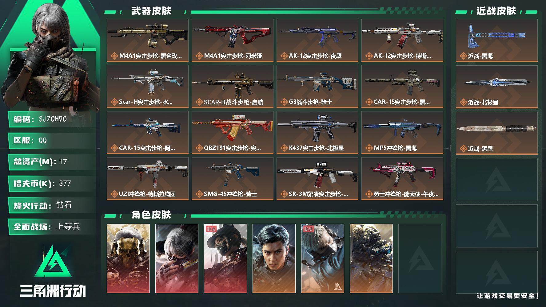 三角洲行动账号QQ【SJZQH90】总资产(M)：17M/哈夫币(K)：377K/哈夫币(K)：377K/全面战场等级：43_段位：上等兵/烽火地带等级：60_段位：钻石/红狼-蚀金玫瑰/骇爪-水墨云图/露娜-黑·天