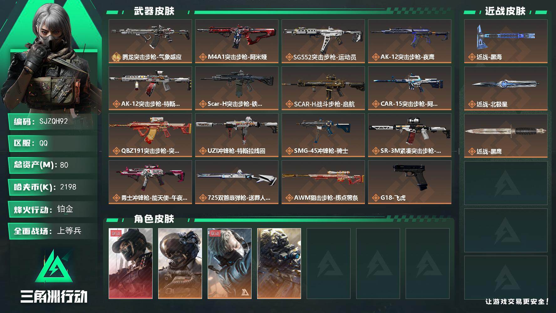 三角洲行动账号QQ【SJZQH92】总资产(M)：80M/哈夫币(K)：2198K/哈夫币(K)：2198K/全面战场