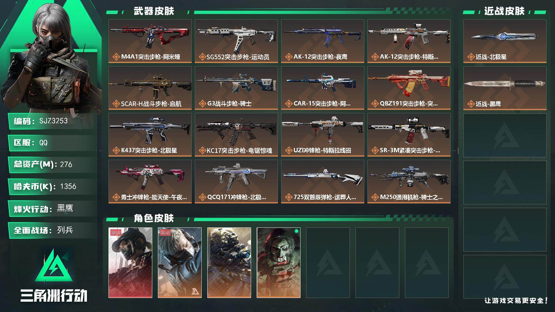 三角洲行动账号QQ【SJZ3253】总资产(M)：276M/哈夫币(K)：1356K/哈夫币(K)：1356K/全面战场等级：18_段位：列兵/烽火地带等级：60_段位：黑鹰/露娜-黑·天际线/蜂医-送葬人·无题密令