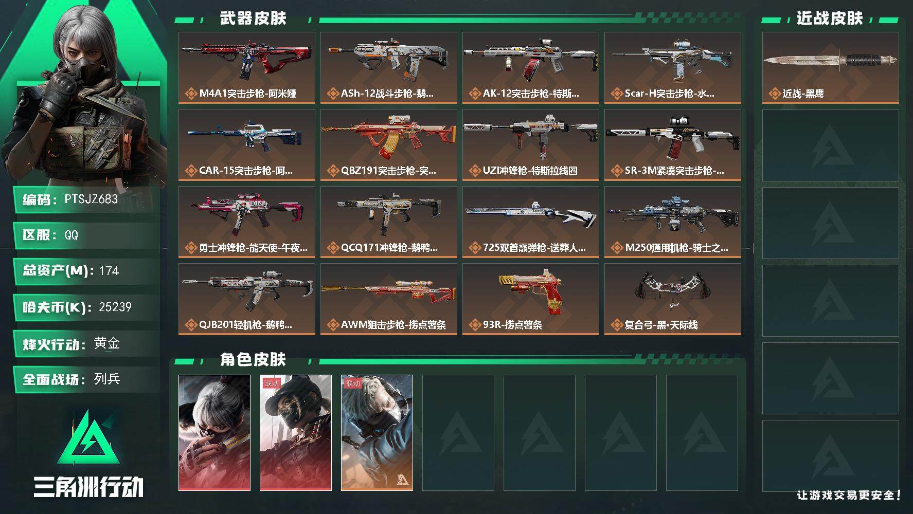 三角洲行动账号QQ【PTSJZ683】【限时秒杀】25239k哈伏币-94m流动资产-60烽火等级-黄金-16战场等级