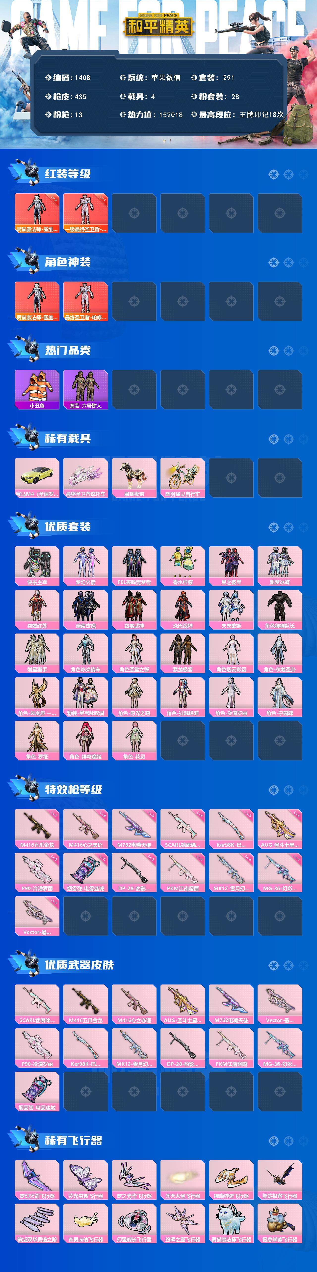 和平精英账号苹果微信4载具-291套装-435枪皮-291套装/枪械13/装备655/载具4/战备298/王牌印记18/