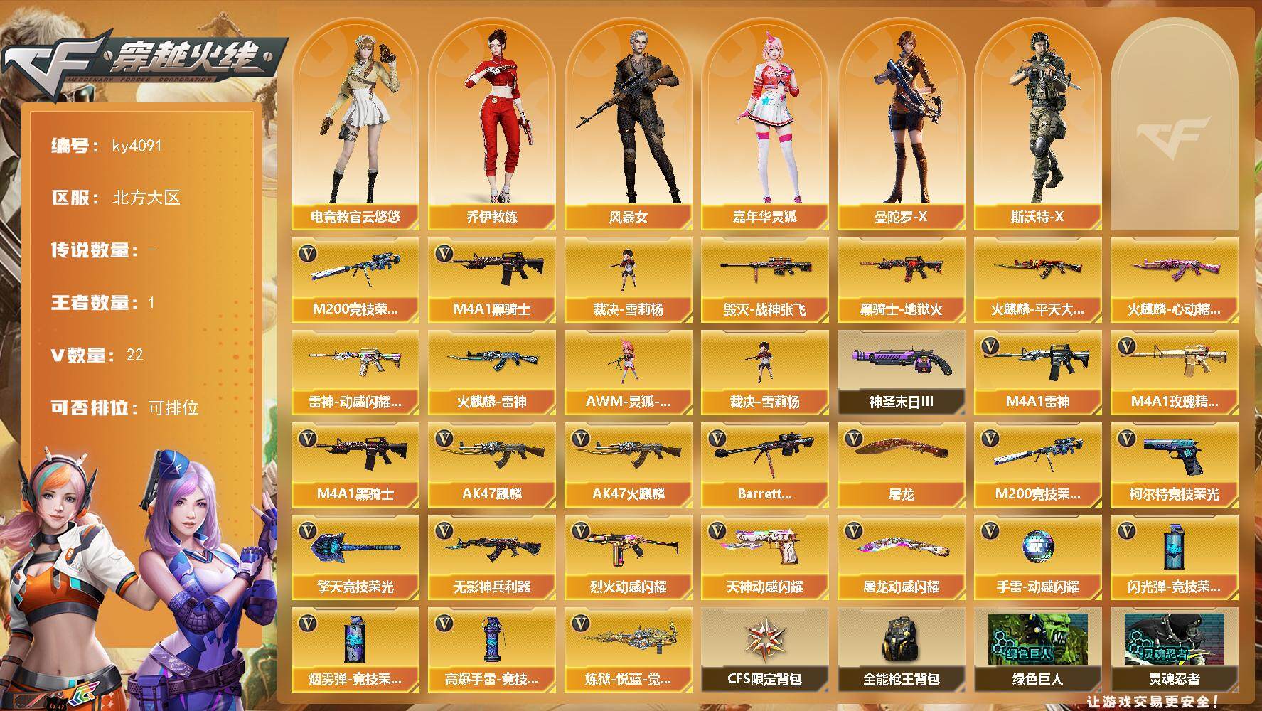 穿越火线账号北部战区北方大区[14446158]北方大区-22V-1王者-0炫金
【热门武器】：M200-竞技荣光，M4A1-黑骑士，裁决-雪莉杨
【皮肤】：雷神-动感闪耀 皮肤，火麒麟-雷神，火麒麟-平天大圣，火麒麟-心动糖果