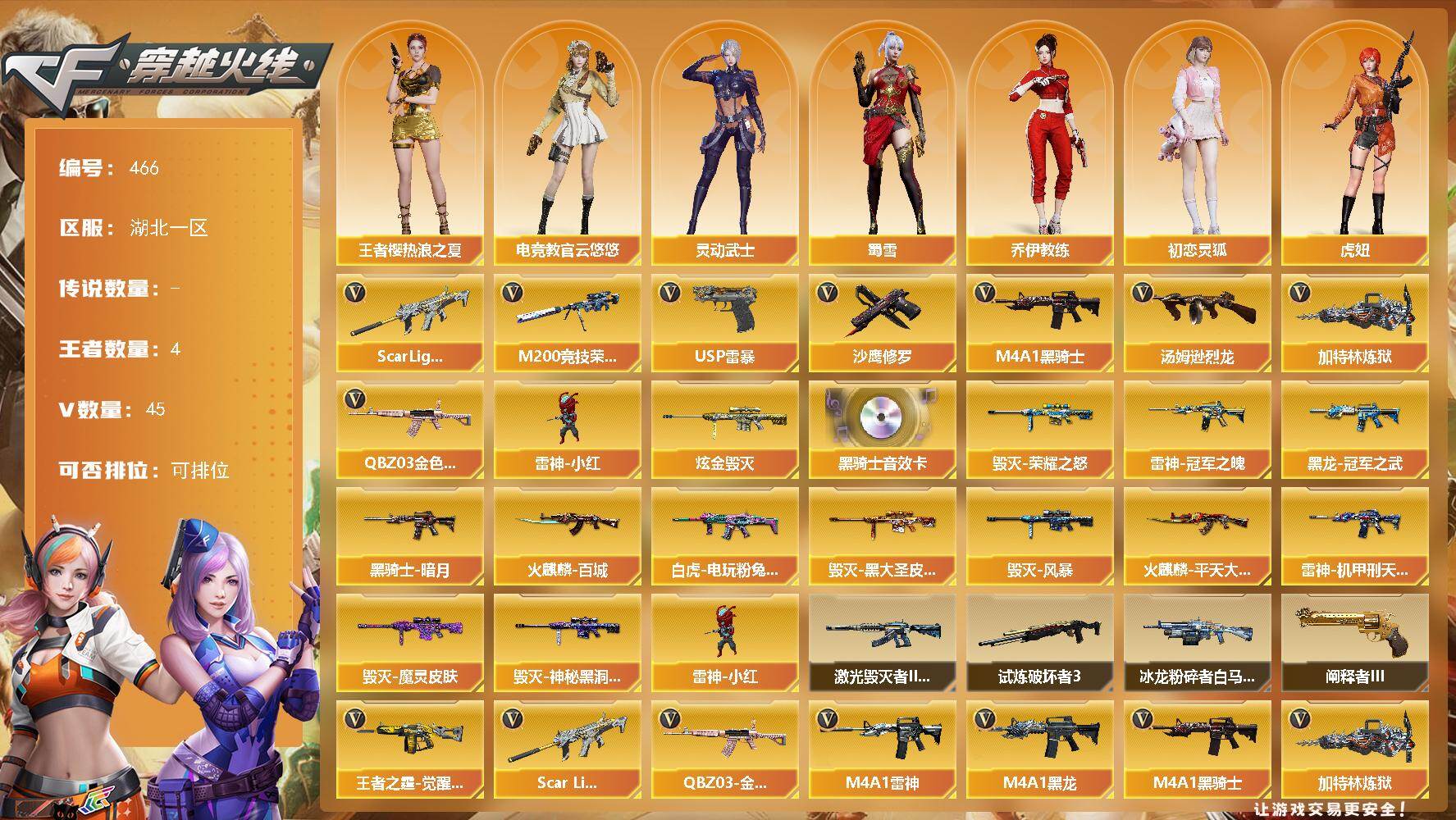 穿越火线账号南部战区湖北一区湖北一区-45V-4王者-1炫金
【热门武器】：QBZ03-金色蔷薇，Scar Light-白虎，M