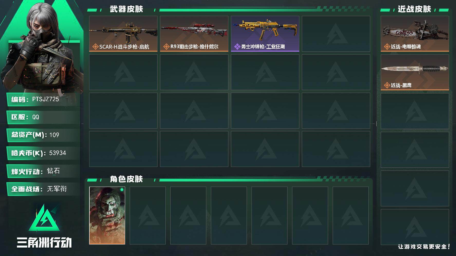 三角洲行动账号QQ【PTSJZ725】【限时秒杀】53934k哈伏币-95m流动资产-55烽火等级-钻石-1战场等级-