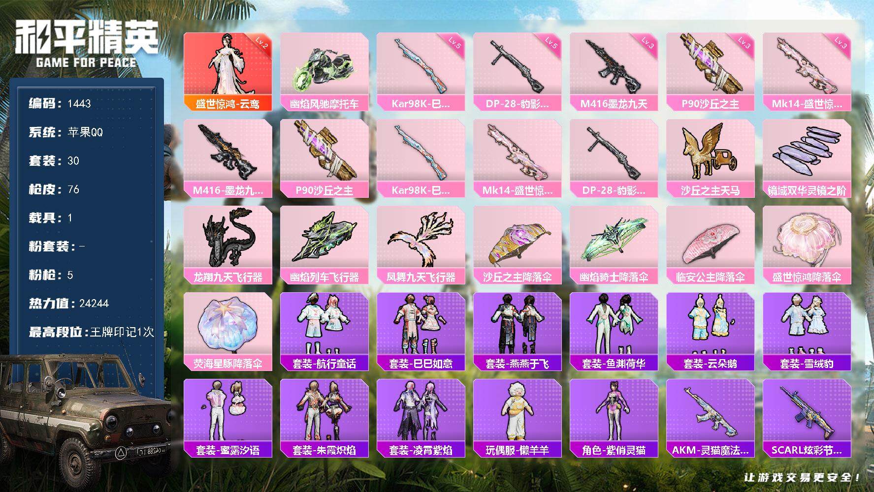 和平精英账号苹果QQ1载具-30套装-76枪皮-30套装/枪械5/装备106/载具1/战备53/王牌印记1/热力值242