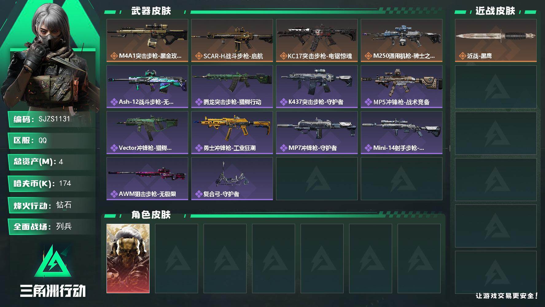 三角洲行动账号QQ【SJZS1131】总资产(M)：4M/哈夫币(K)：174K/哈夫币(K)：174K/传说枪皮数：