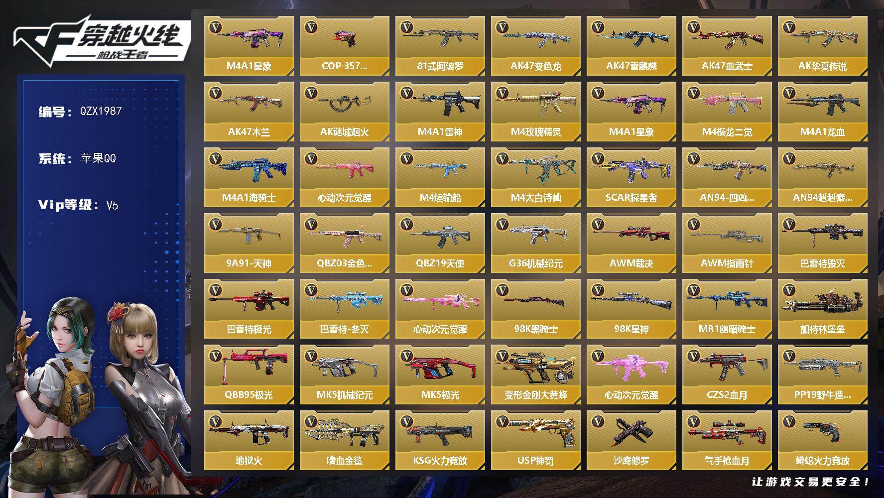 枪战王者账号苹果QQ【QZX1987】VIP5/115V/M4 星象/COP 堕天神/81式-阿波罗/审判者/萝拉/零-新生/AK47-变色龙/AK47-雷麒麟/AK47-血武士/AK47-华夏传说/AK47-木兰/A