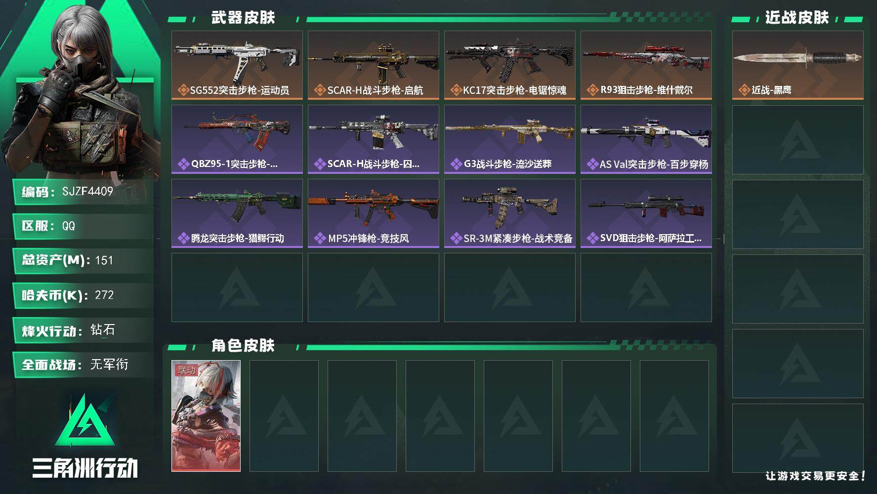 三角洲行动账号QQ【SJZF4409】总资产(M)：151M/哈夫币(K)：272K/哈夫币(K)：272K/全面战场