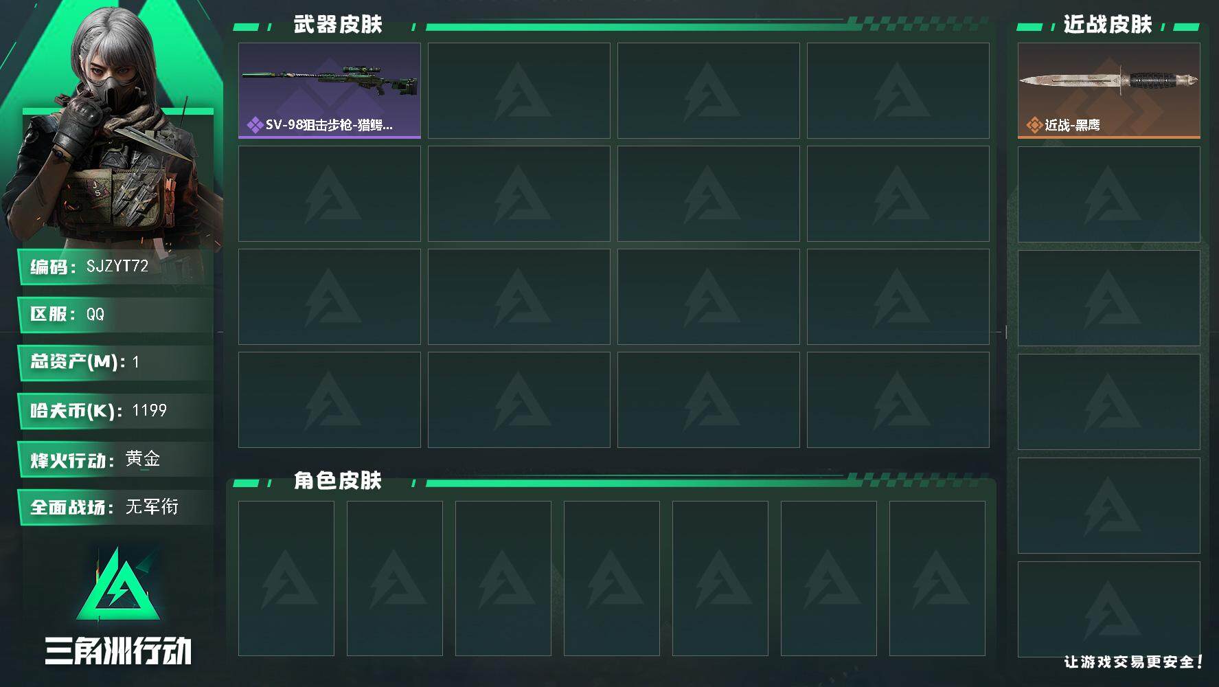 三角洲行动账号QQ【SJZYT72】总资产(M)：1M/哈夫币(K)：1199K/哈夫币(K)：1199K/全面战场等级：1_段位：无段位/烽火地带等级：40_段位：黄金/近战-黑鹰/SV-98狙击步枪-猎鳄行动/M