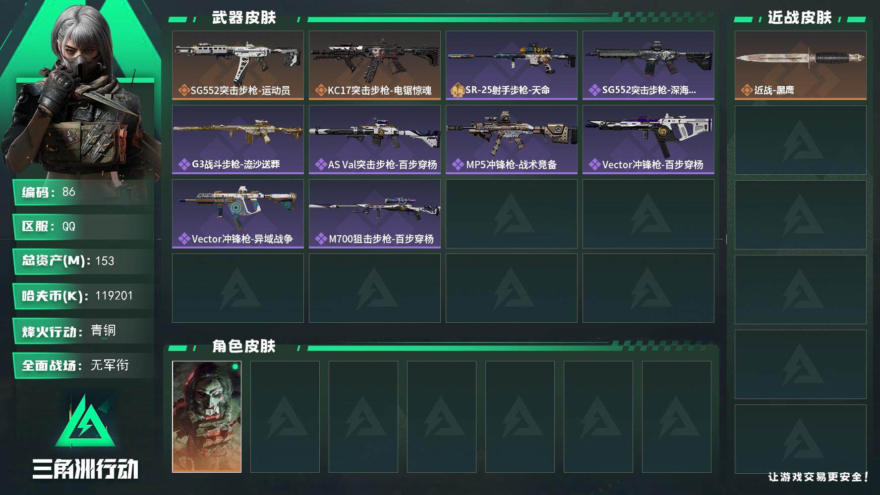 三角洲行动账号QQ【LX10753】【极品隐藏挂饰号】【总资产：153.7m，流动资产：146m】
挂饰-黑夜猎手（隐藏款）-57烽火等级-青铜-1战场等级-无军衔
【干员外观】：红狼-电锯惊魂
【近战皮肤】：近战-