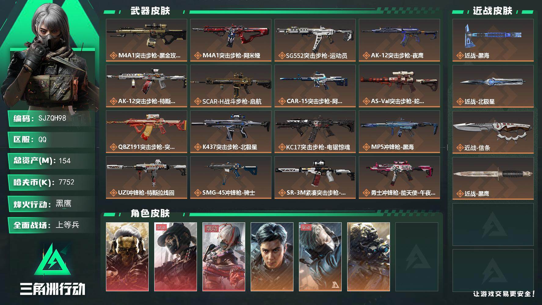 三角洲行动账号QQ【SJZQH98】总资产(M)：154M/哈夫币(K)：7752K/哈夫币(K)：7752K/全面战