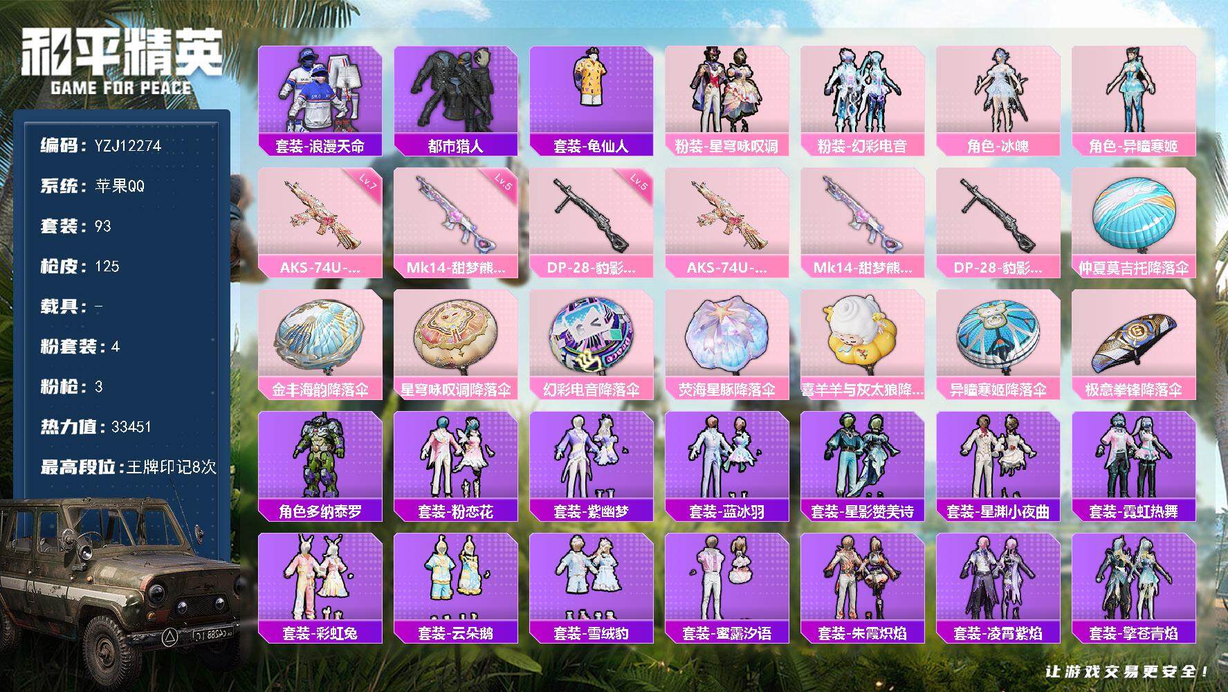 和平精英账号苹果QQYZJ12274 可二次 苹果Q-2稀有4粉装3特效枪5热门93套装125枪皮 33451热力值 精