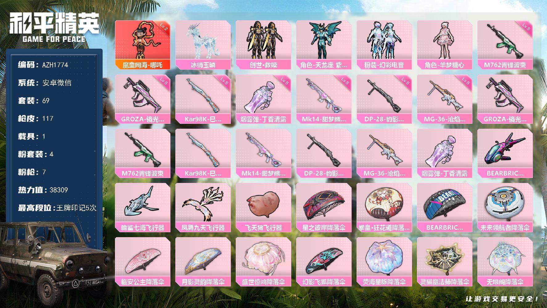 和平精英账号安卓微信【AZH1774】安卓 微信【2级哪吒 五级青锋波束M762五级沧焰双生MG-36】1神装-4粉装-