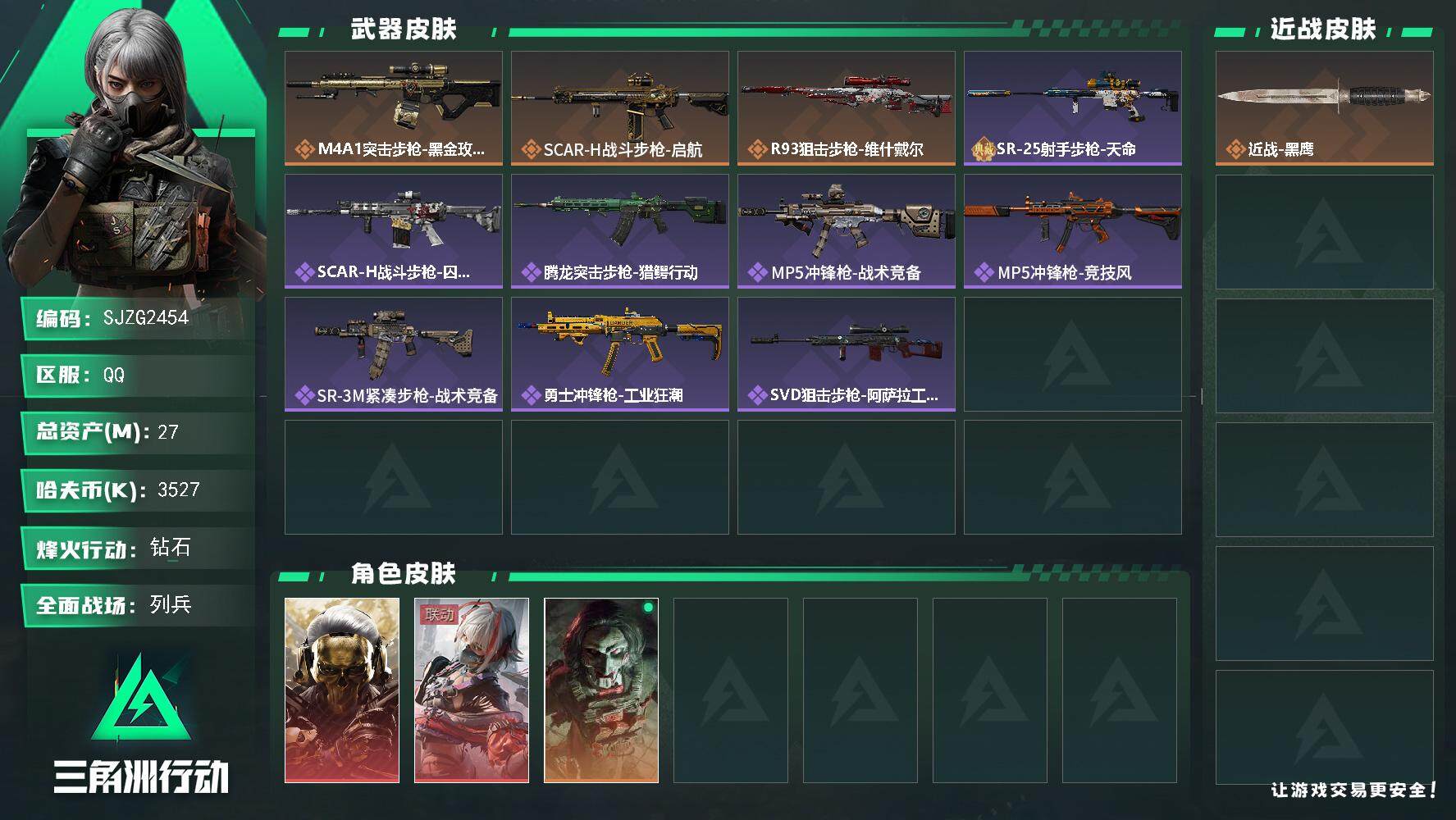 三角洲行动账号QQ【SJZG2454】总资产(M)：27M/哈夫币(K)：3527K/哈夫币(K)：3527K/全面战