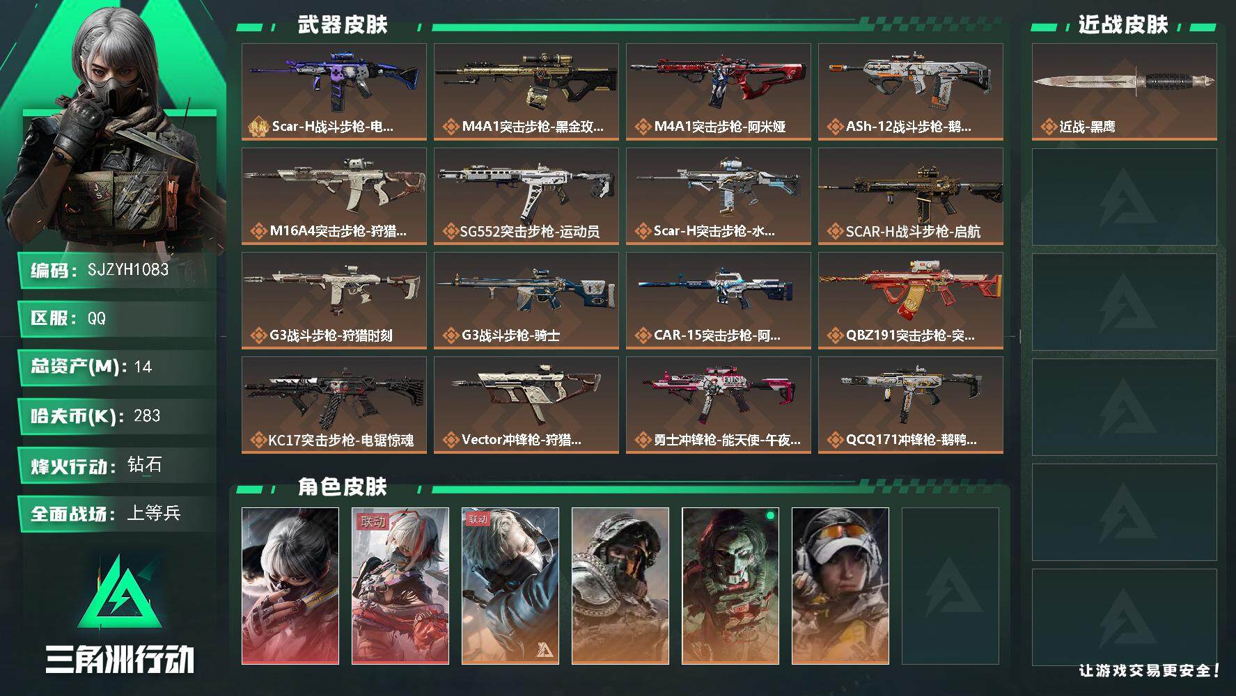 三角洲行动账号QQ【SJZYH1083】总资产(M)：14M/哈夫币(K)：283K/哈夫币(K)：283K/全面战场