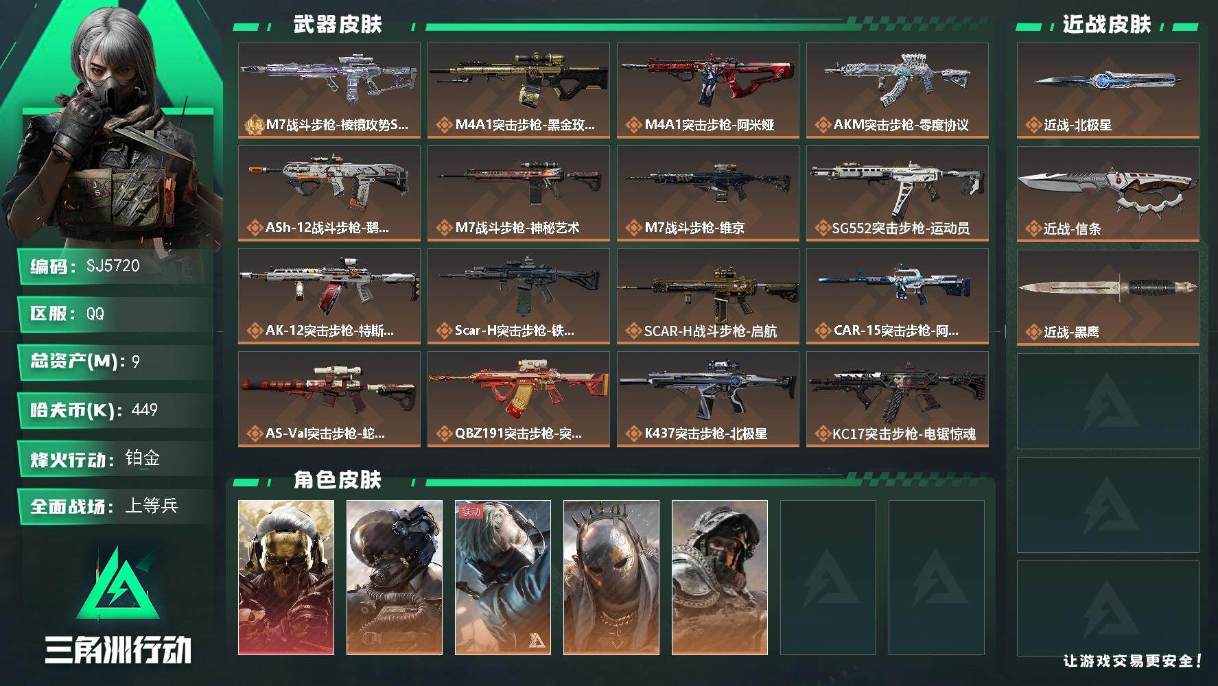 三角洲行动账号QQ【SJ5720】总资产(M)：9M/哈夫币(K)：449K/哈夫币(K)：449K/全面战场等级：5