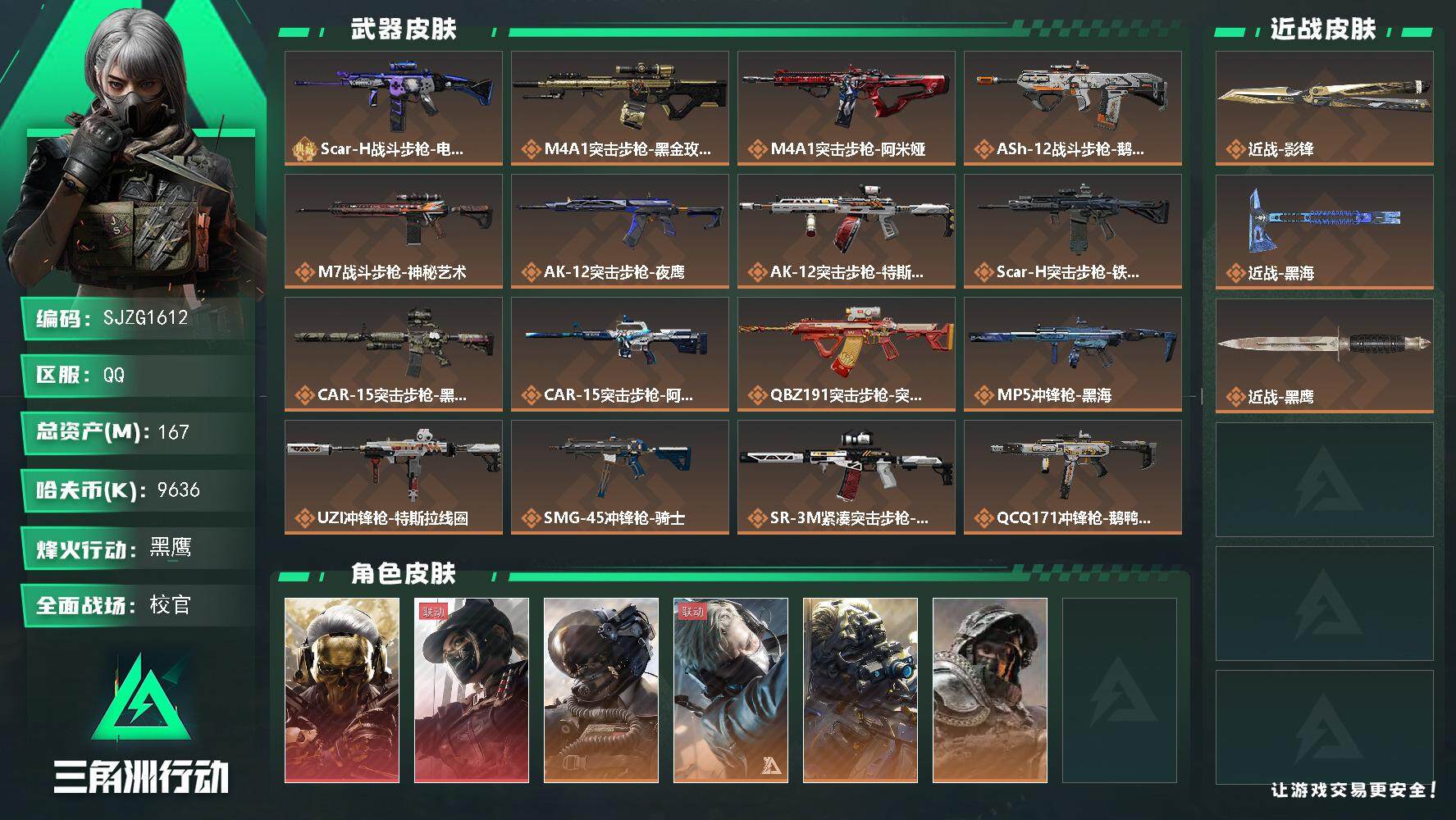 三角洲行动账号QQ【SJZG1612】总资产(M)：167M/哈夫币(K)：9636K/哈夫币(K)：9636K/传说