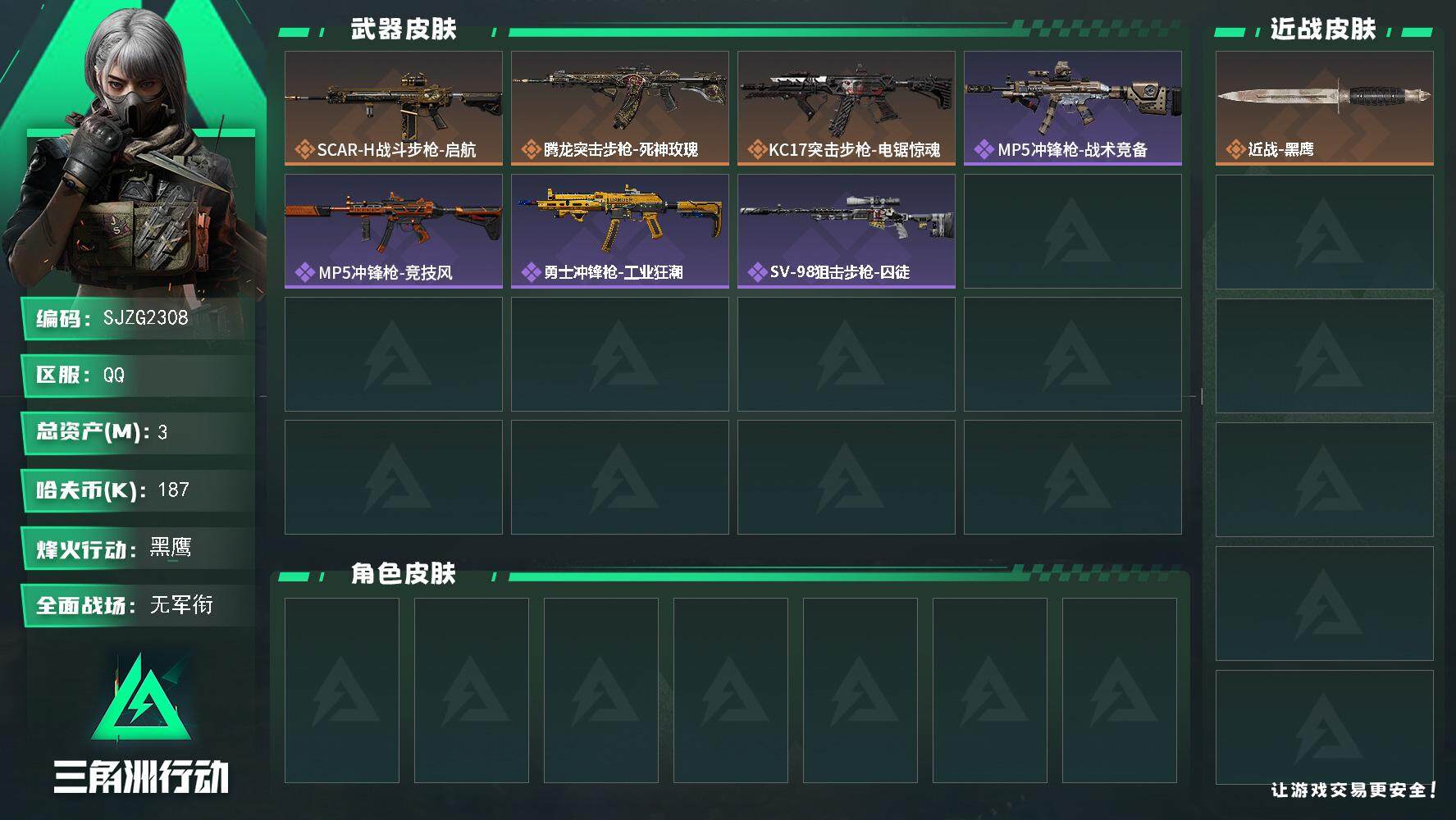 三角洲行动账号QQ【SJZG2308】总资产(M)：3M/哈夫币(K)：187K/哈夫币(K)：187K/全面战场等级：1_段位：无段位/烽火地带等级：60_段位：黑鹰/近战-黑鹰/SCAR-H战斗步枪-启航/腾龙突