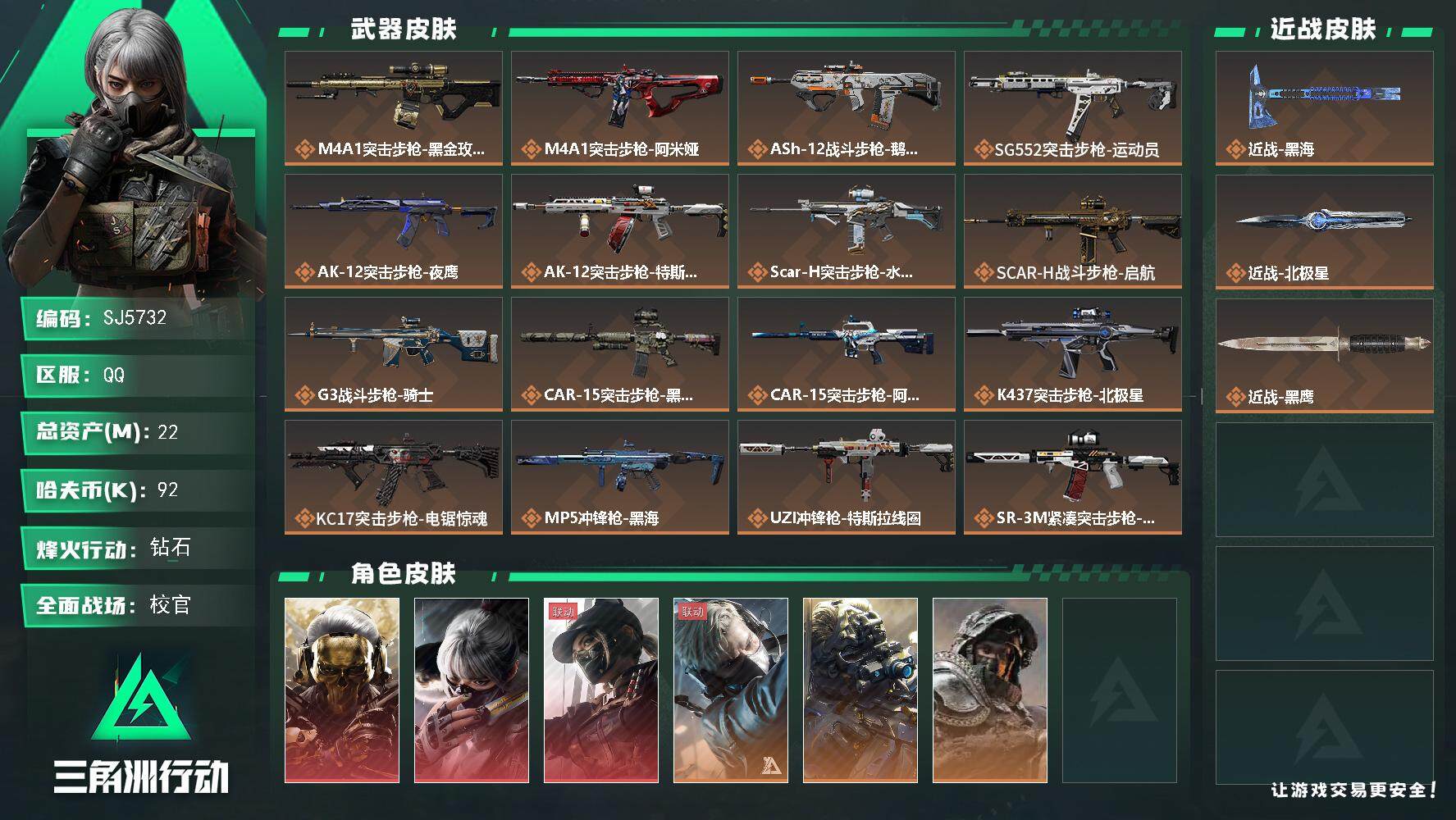 三角洲行动账号QQ【SJ5732】总资产(M)：22M/哈夫币(K)：92K/哈夫币(K)：92K/传说枪皮数：24/