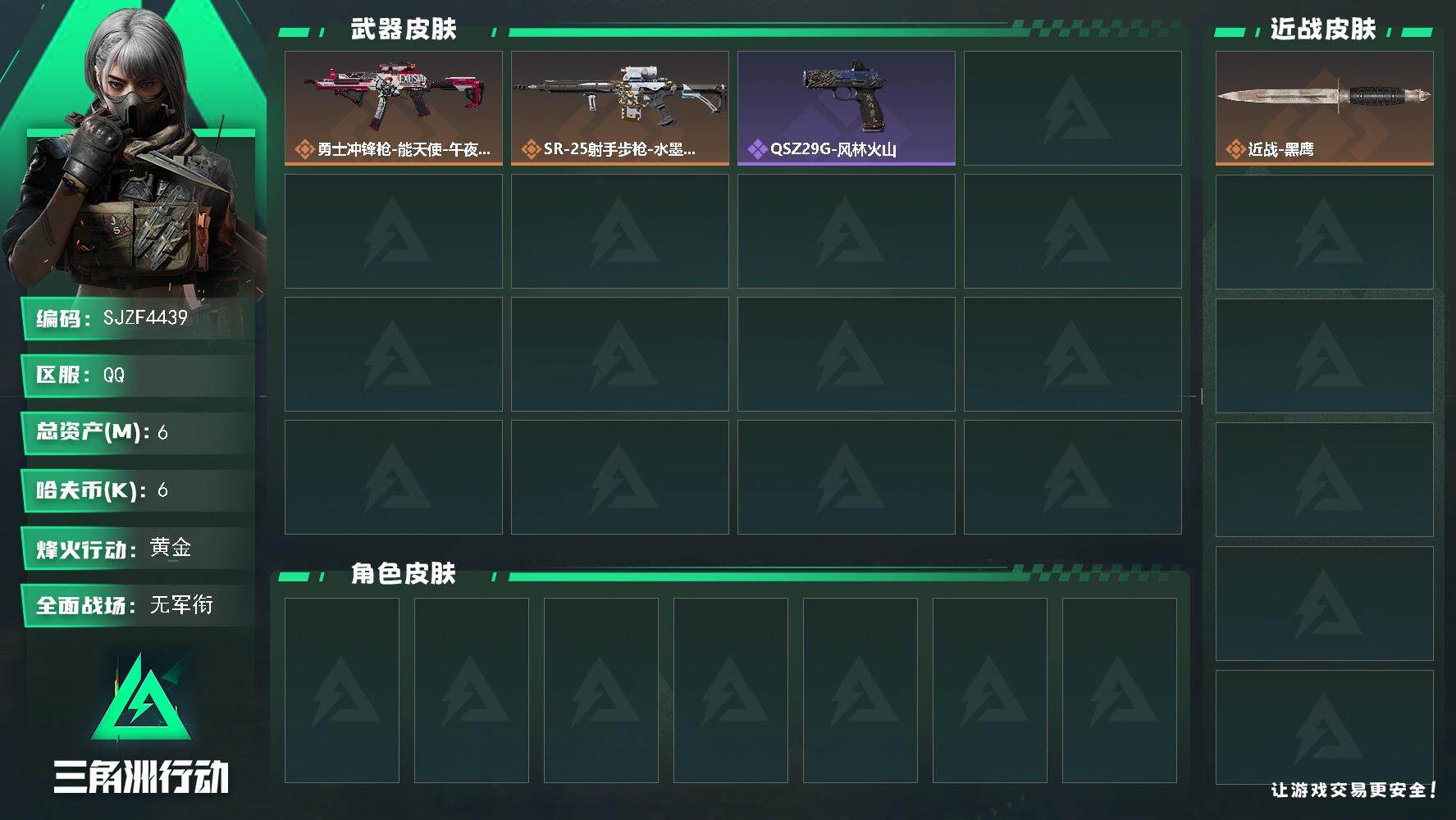 三角洲行动账号QQ【SJZF4439】总资产(M)：6M/哈夫币(K)：6K/哈夫币(K)：6K/全面战场等级：1_段位：无段位/烽火地带等级：31_段位：黄金/近战-黑鹰/勇士冲锋枪-能天使-午夜邮差/SR-25射