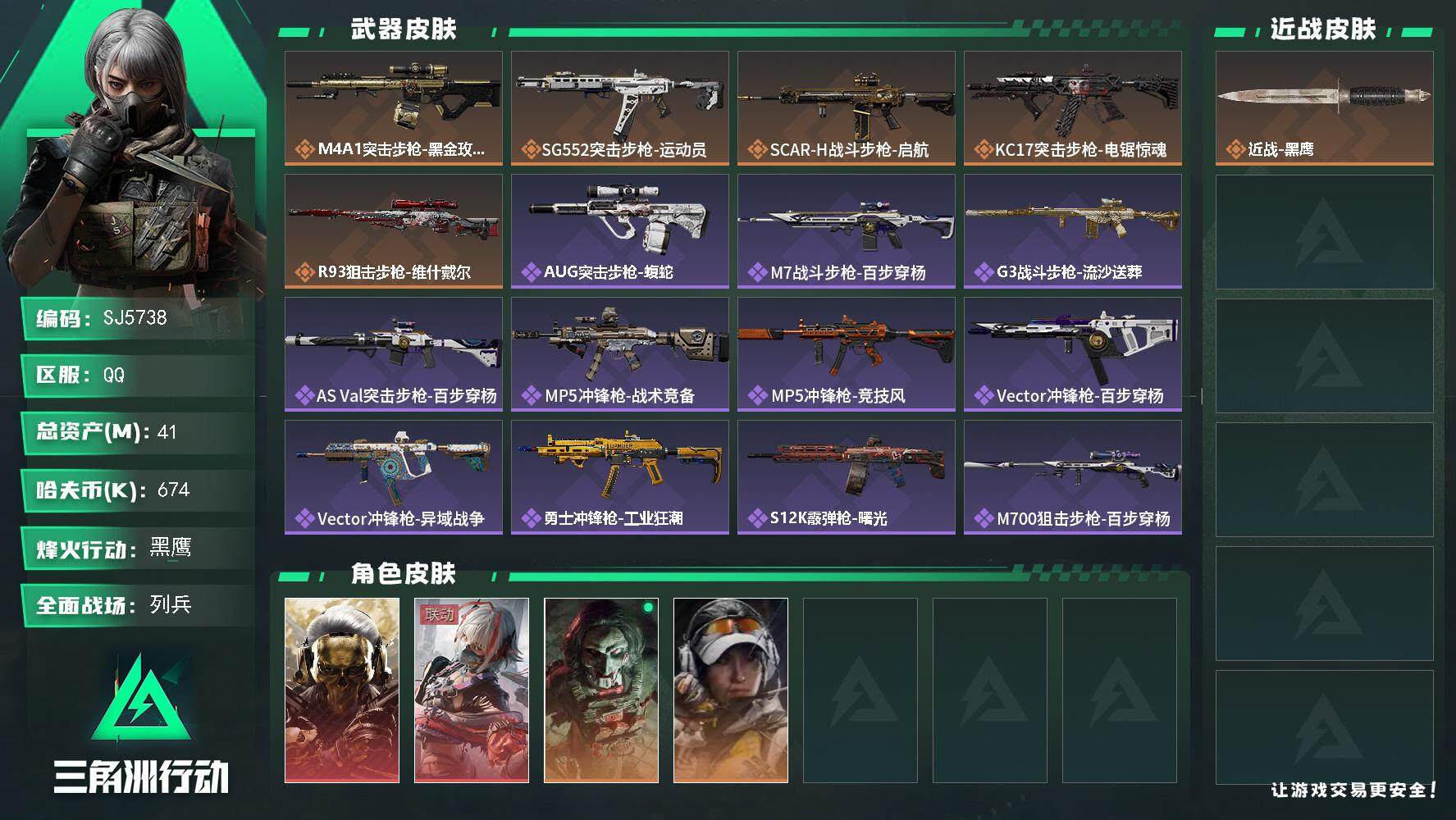 三角洲行动账号QQ【SJ5738】总资产(M)：41M/哈夫币(K)：674K/哈夫币(K)：674K/全面战场等级：