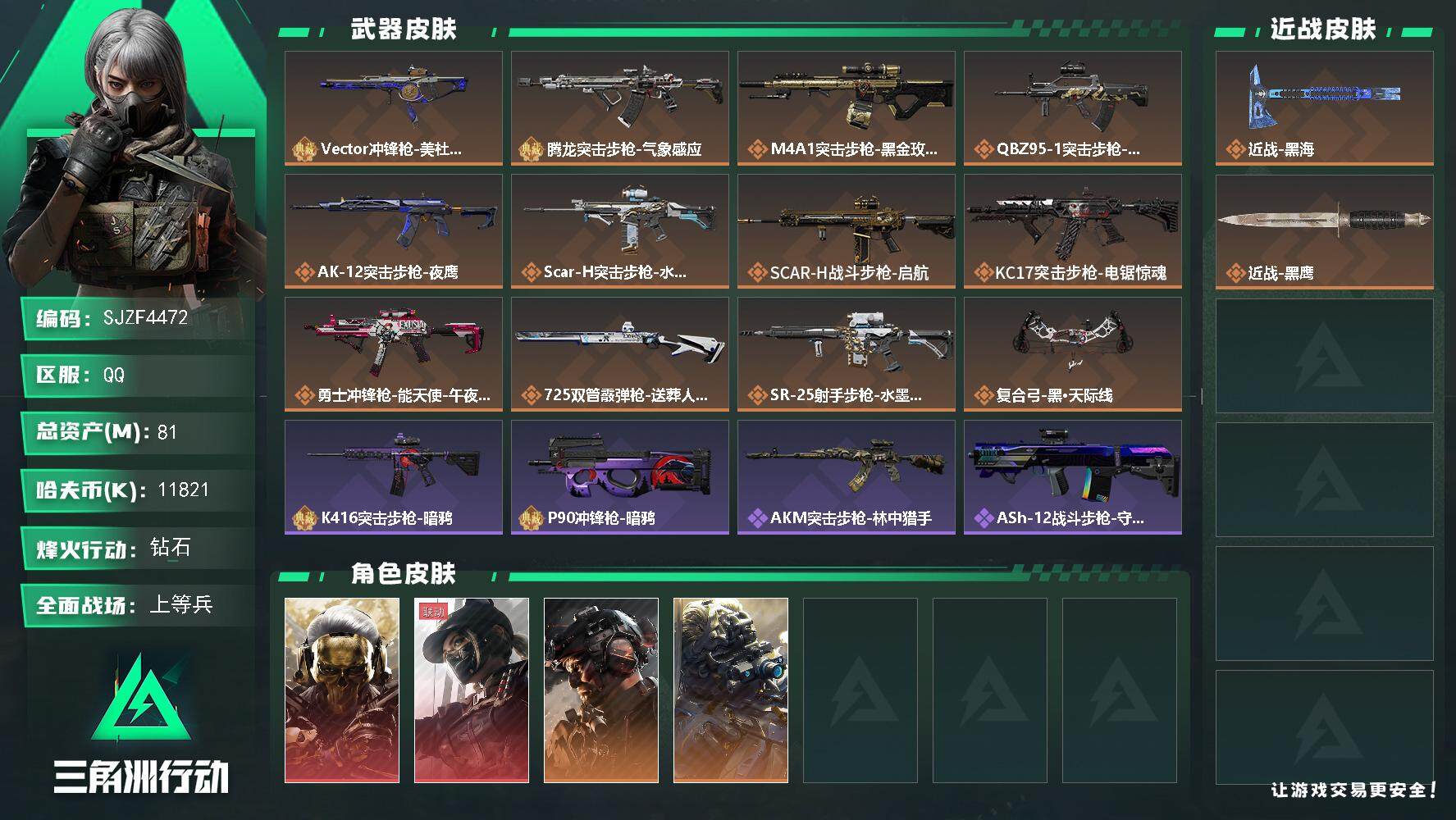三角洲行动账号QQ【SJZF4472】总资产(M)：81M/哈夫币(K)：11821K/哈夫币(K)：11821K/全