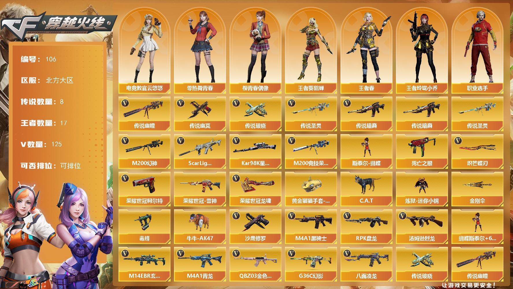 穿越火线账号北部战区北方大区北方大区-125V-17王者-2炫金
【传说武器】：传说暗裔，传说圣灵，传说幽瞳，传说破晓，传说幽冥