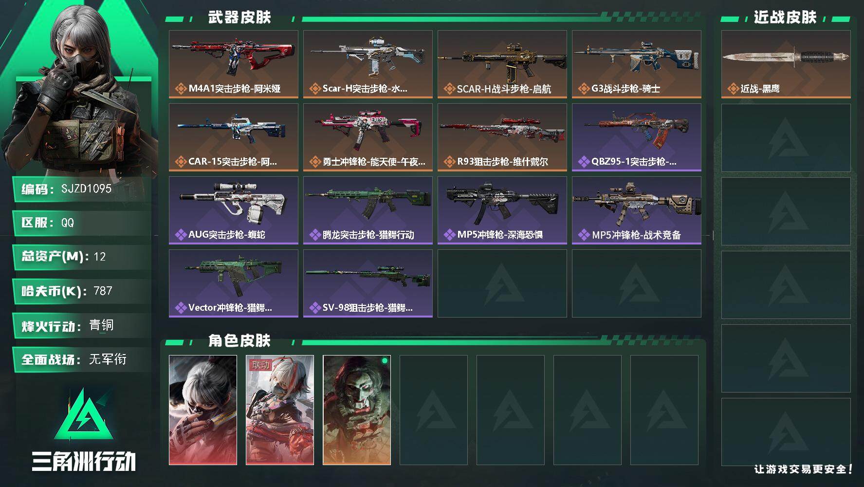 三角洲行动账号QQ【SJZD1095】总资产(M)：12M/哈夫币(K)：787K/哈夫币(K)：787K/全面战场等