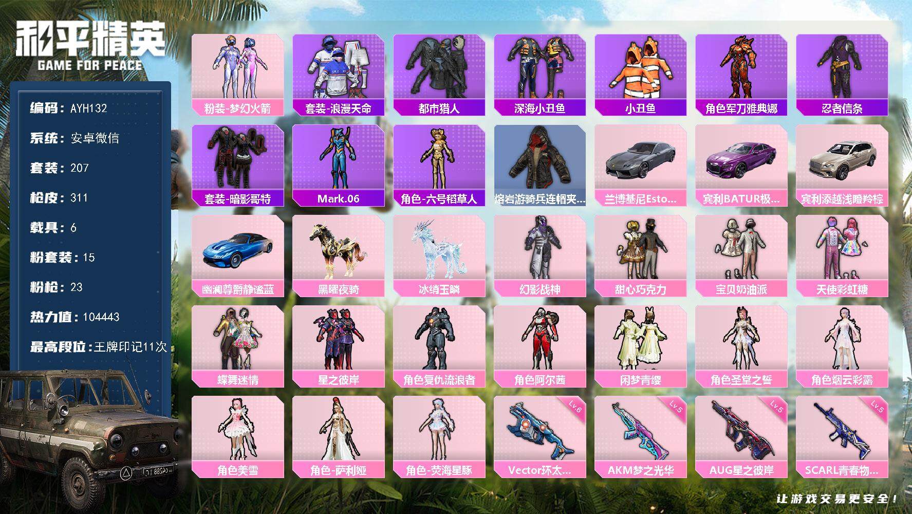 和平精英账号安卓微信6载具-207套装-311枪皮-可二次【店主推荐捡漏号！可直接换绑】安卓 微信-15粉装-23特效枪