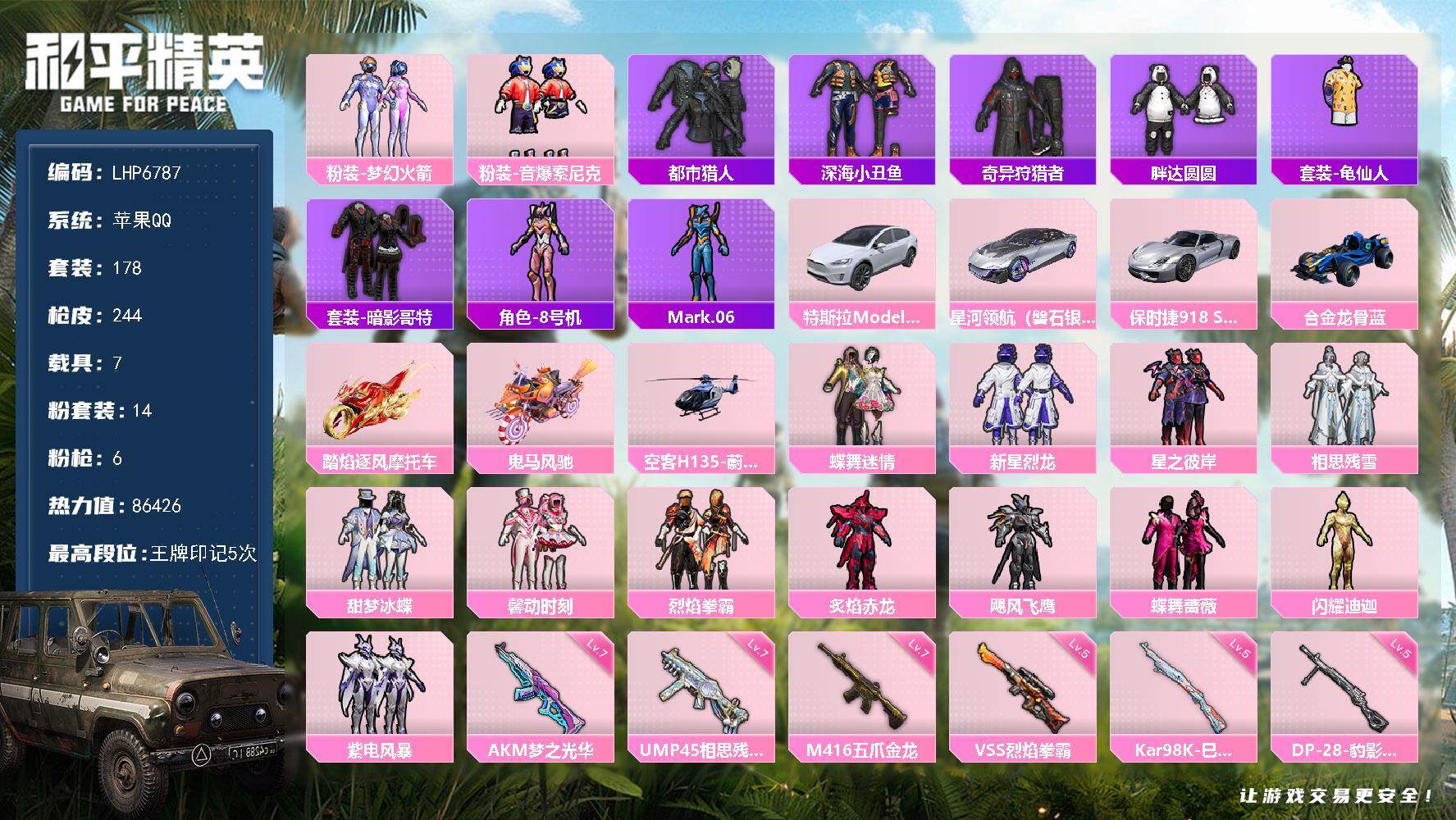 和平精英账号苹果QQ7载具-178套装-244枪皮-可二次【店主推荐捡漏号！可直接换绑】/素材身法号 苹果 手Q-14粉