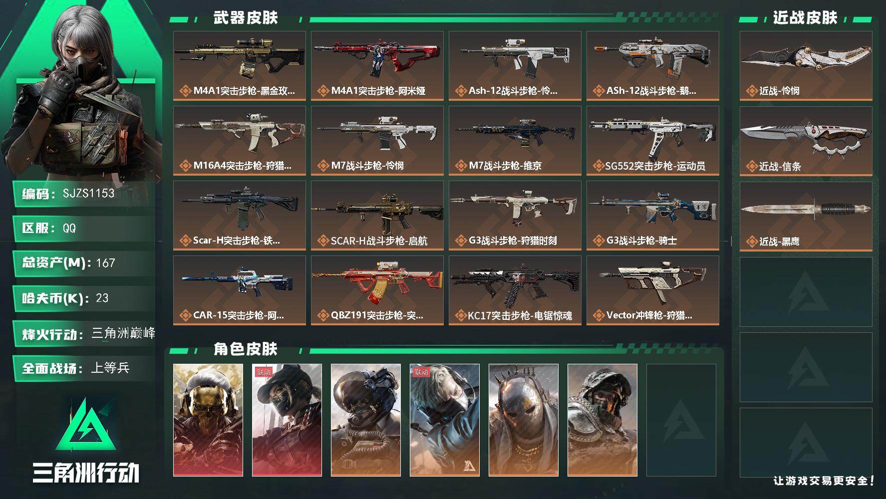 三角洲行动账号QQ【SJZS1153】总资产(M)：167M/哈夫币(K)：23K/哈夫币(K)：23K/传说枪皮数：
