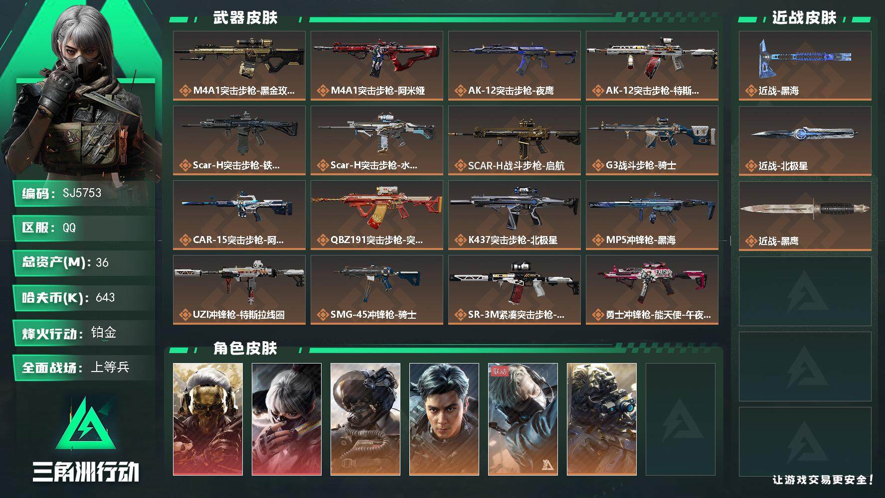 三角洲行动账号QQ【SJ5753】总资产(M)：36M/哈夫币(K)：643K/哈夫币(K)：643K/全面战场等级：