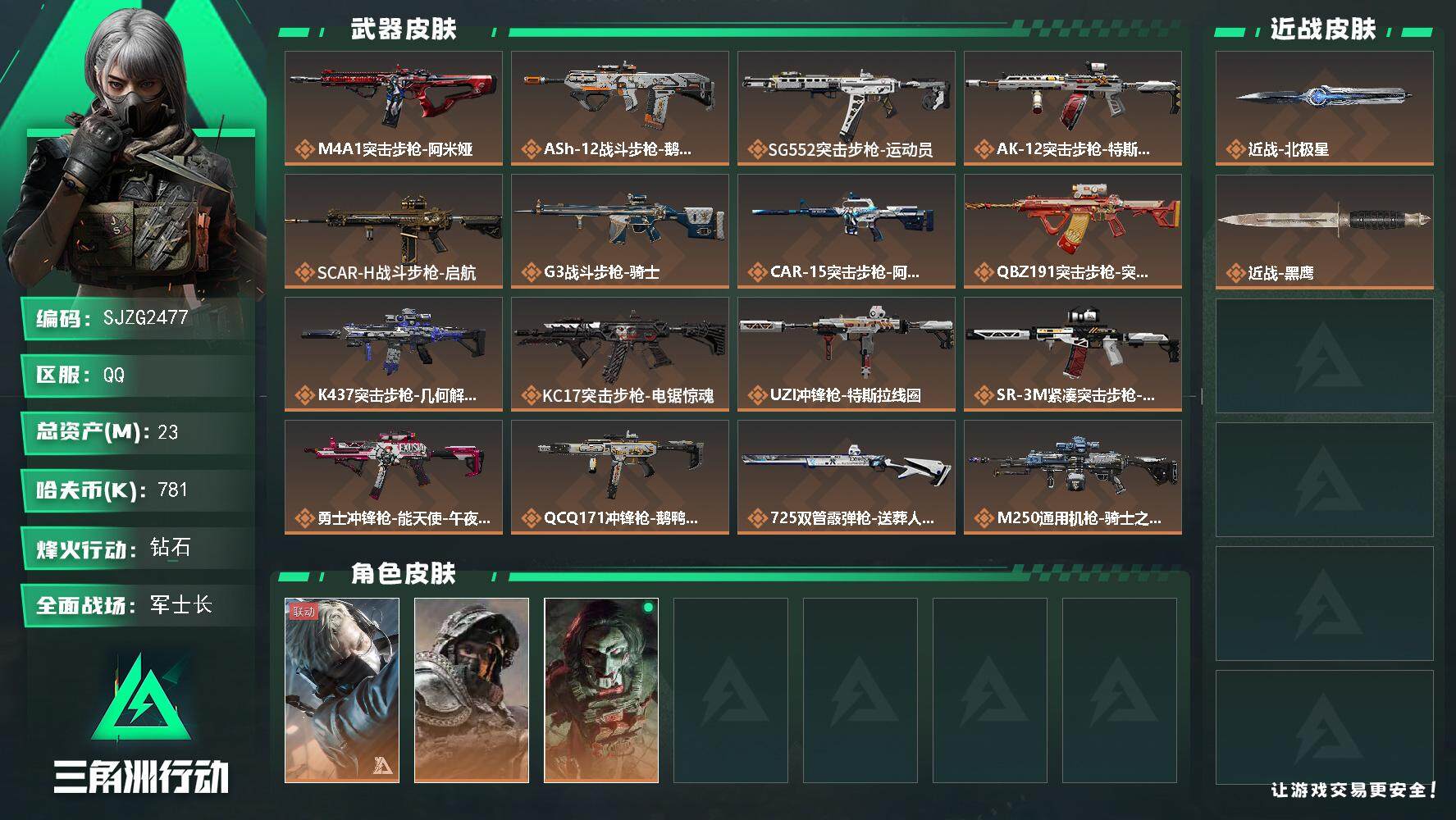 三角洲行动账号QQ【SJZG2477】总资产(M)：23M/哈夫币(K)：781K/哈夫币(K)：781K/全面战场等