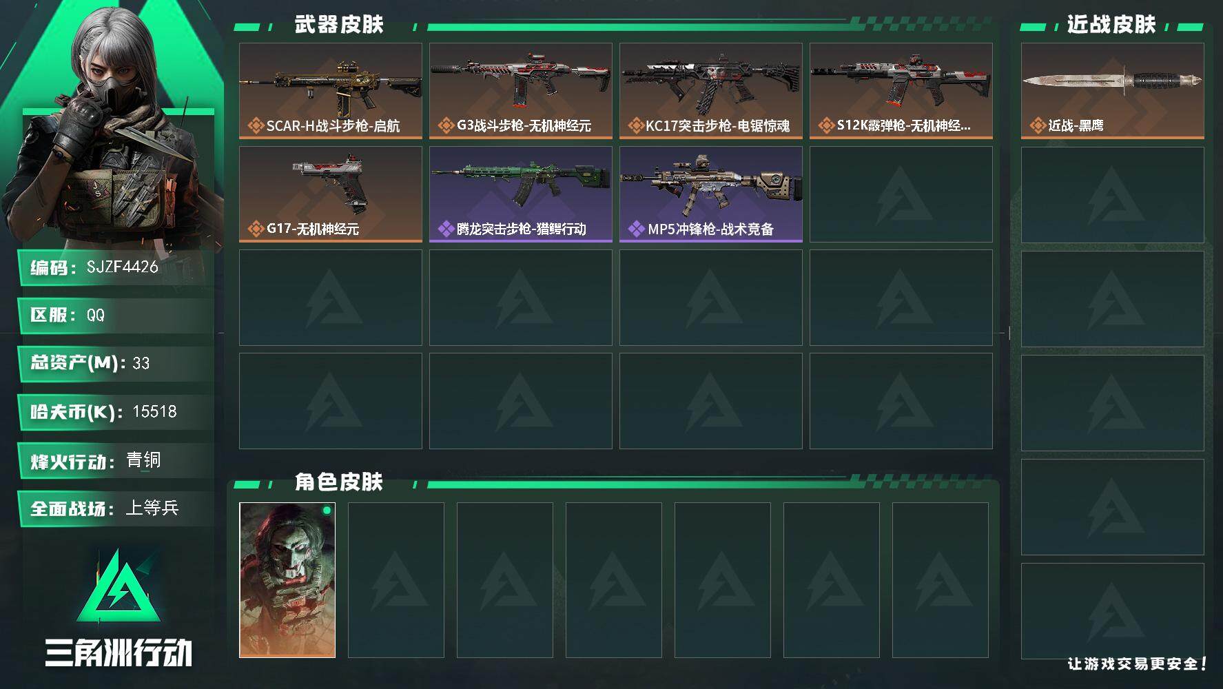 三角洲行动账号QQ【SJZF4426】总资产(M)：33M/哈夫币(K)：15518K/哈夫币(K)：15518K/全面战场等级：9_段位：上等兵/烽火地带等级：37_段位：青铜/红狼-电锯惊魂/近战-黑鹰/SCAR