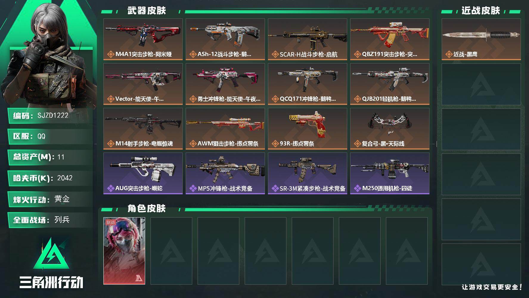 三角洲行动账号QQ【SJZD1222】总资产(M)：11M/哈夫币(K)：2042K/哈夫币(K)：2042K/全面战场等级：6_段位：列兵/烽火地带等级：42_段位：黄金/蛊-能天使午夜邮差/近战-黑鹰/M4A1突