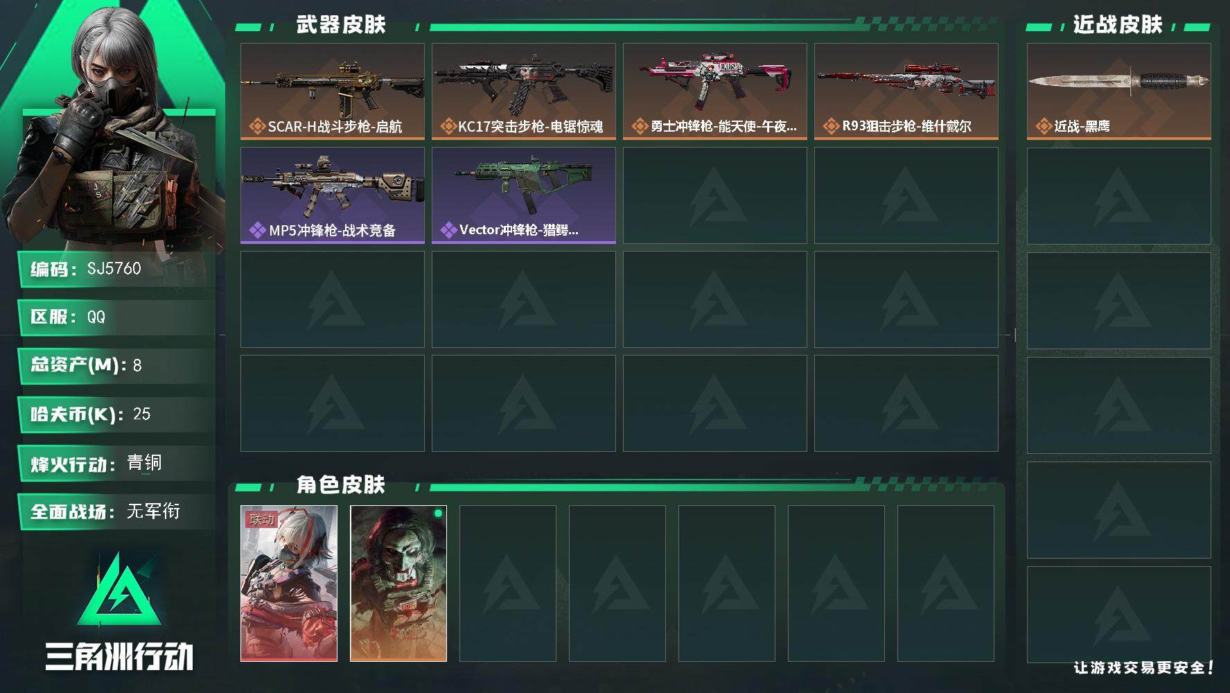 三角洲行动账号QQ【SJ5760】总资产(M)：8M/哈夫币(K)：25K/哈夫币(K)：25K/传说枪皮数：4/全面战场等级：1_段位：无段位/烽火地带等级：54_段位：青铜/骇爪-维什戴尔/红狼-电锯惊魂/近战-