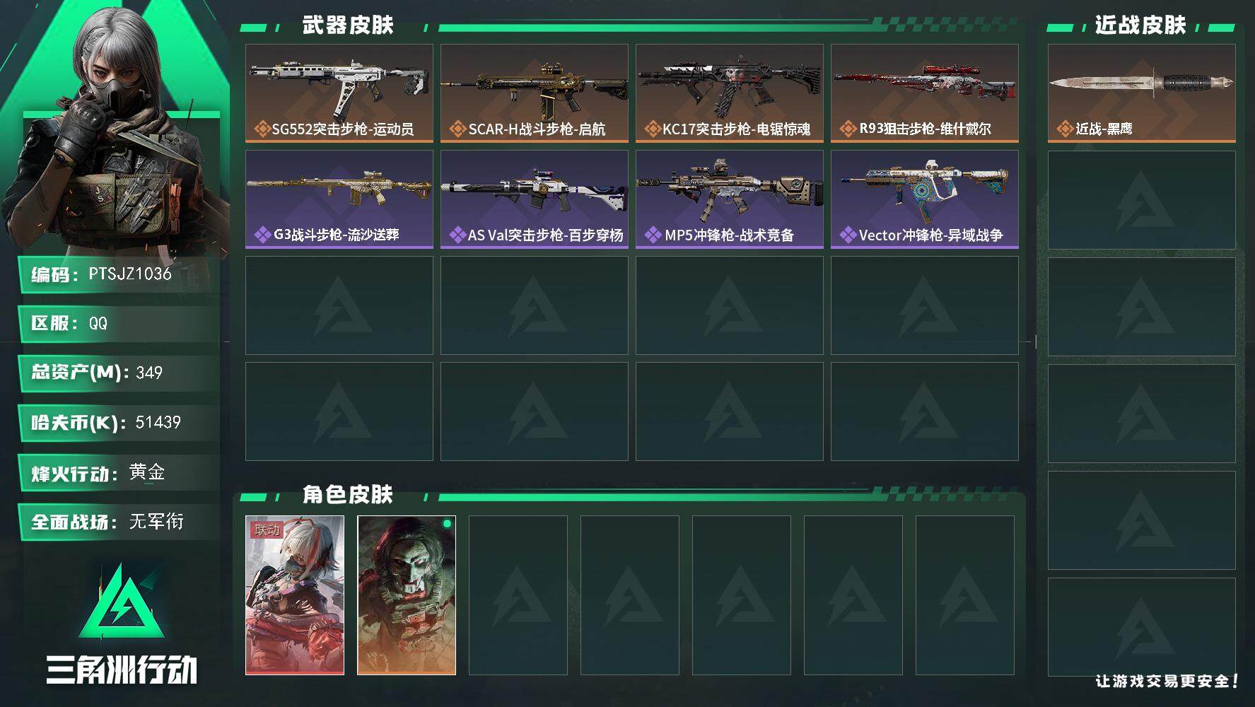 三角洲行动账号QQ【PTSJZ1036】【特价处理】51439k哈伏币-270m流动资产-60烽火等级-黄金-1战场等