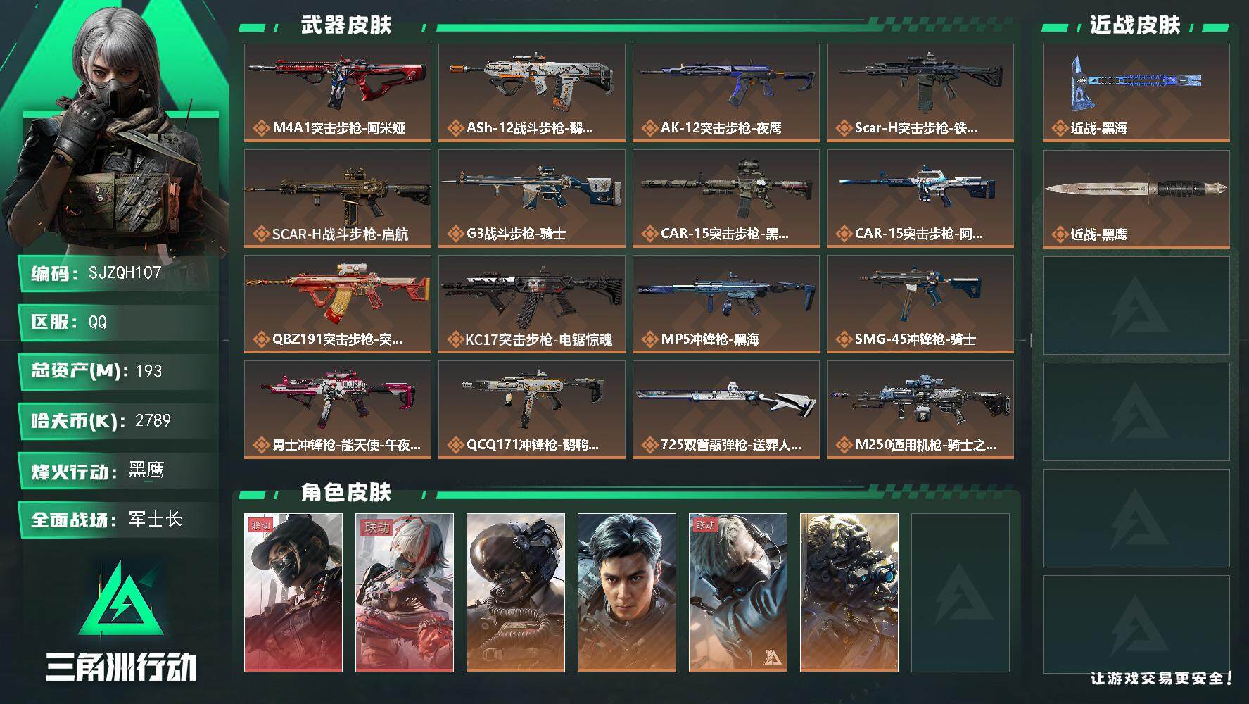 三角洲行动账号QQ【SJZQH107】总资产(M)：193M/哈夫币(K)：2789K/哈夫币(K)：2789K/全面