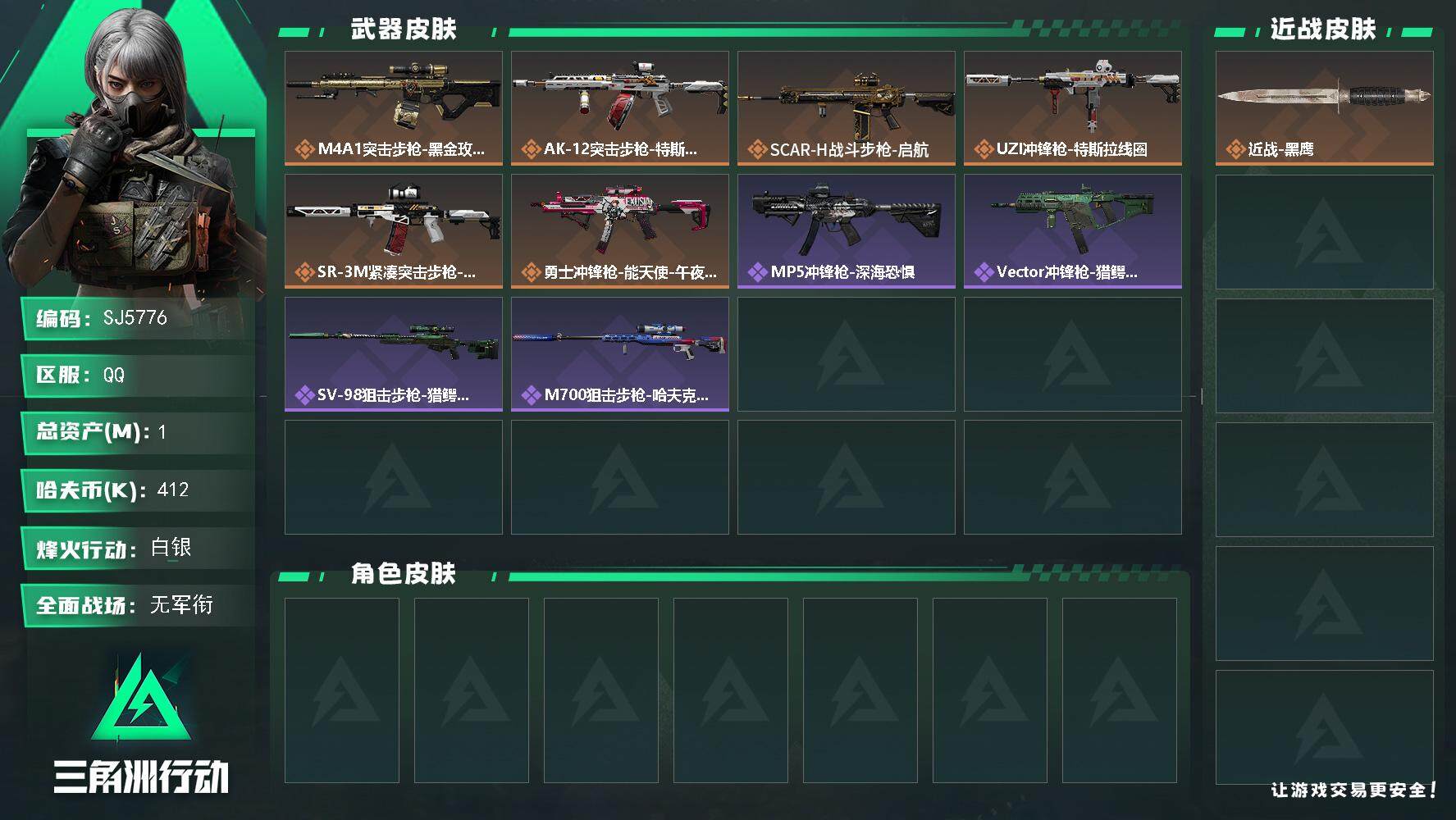 三角洲行动账号QQ【SJ5776】总资产(M)：1M/哈夫币(K)：412K/哈夫币(K)：412K/全面战场等级：1