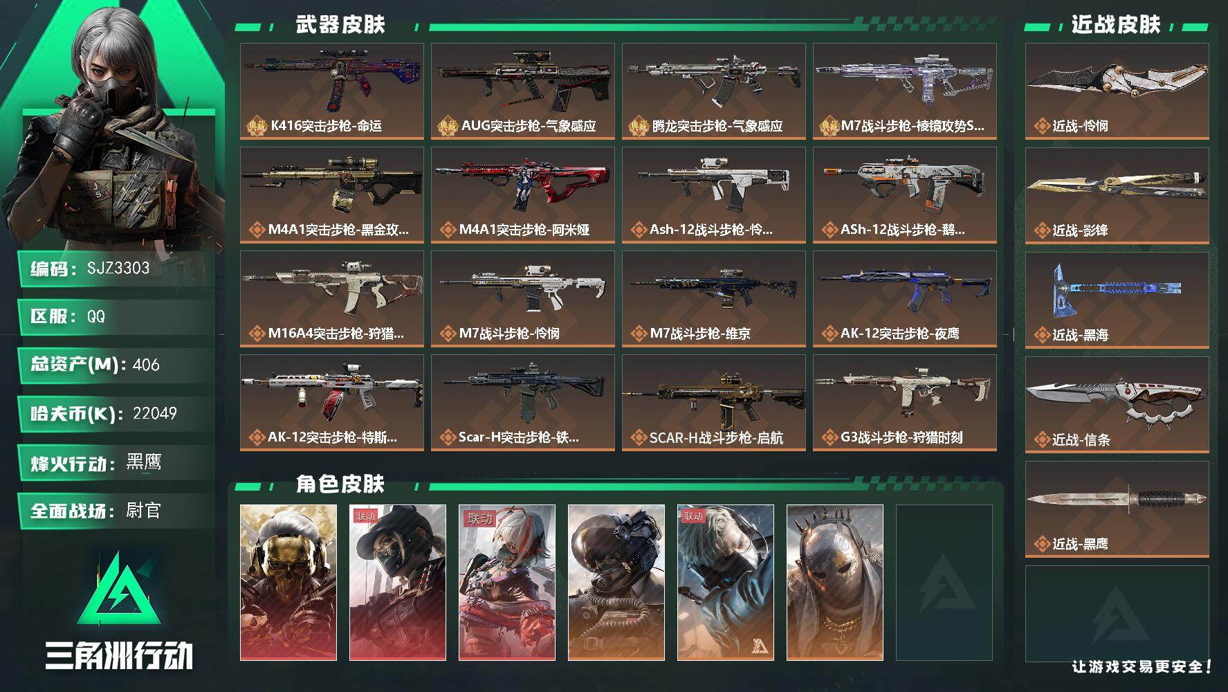 三角洲行动账号QQ【SJZ3303】总资产(M)：406M/哈夫币(K)：22049K/哈夫币(K)：22049K/全