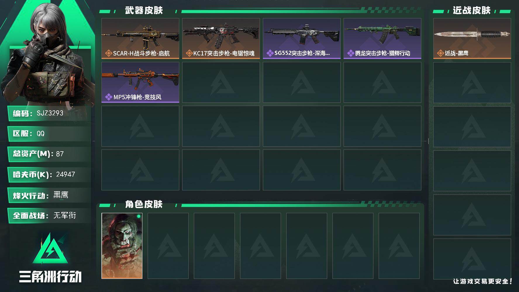 三角洲行动账号QQ【SJZ3293】总资产(M)：87M/哈夫币(K)：24947K/哈夫币(K)：24947K/全面