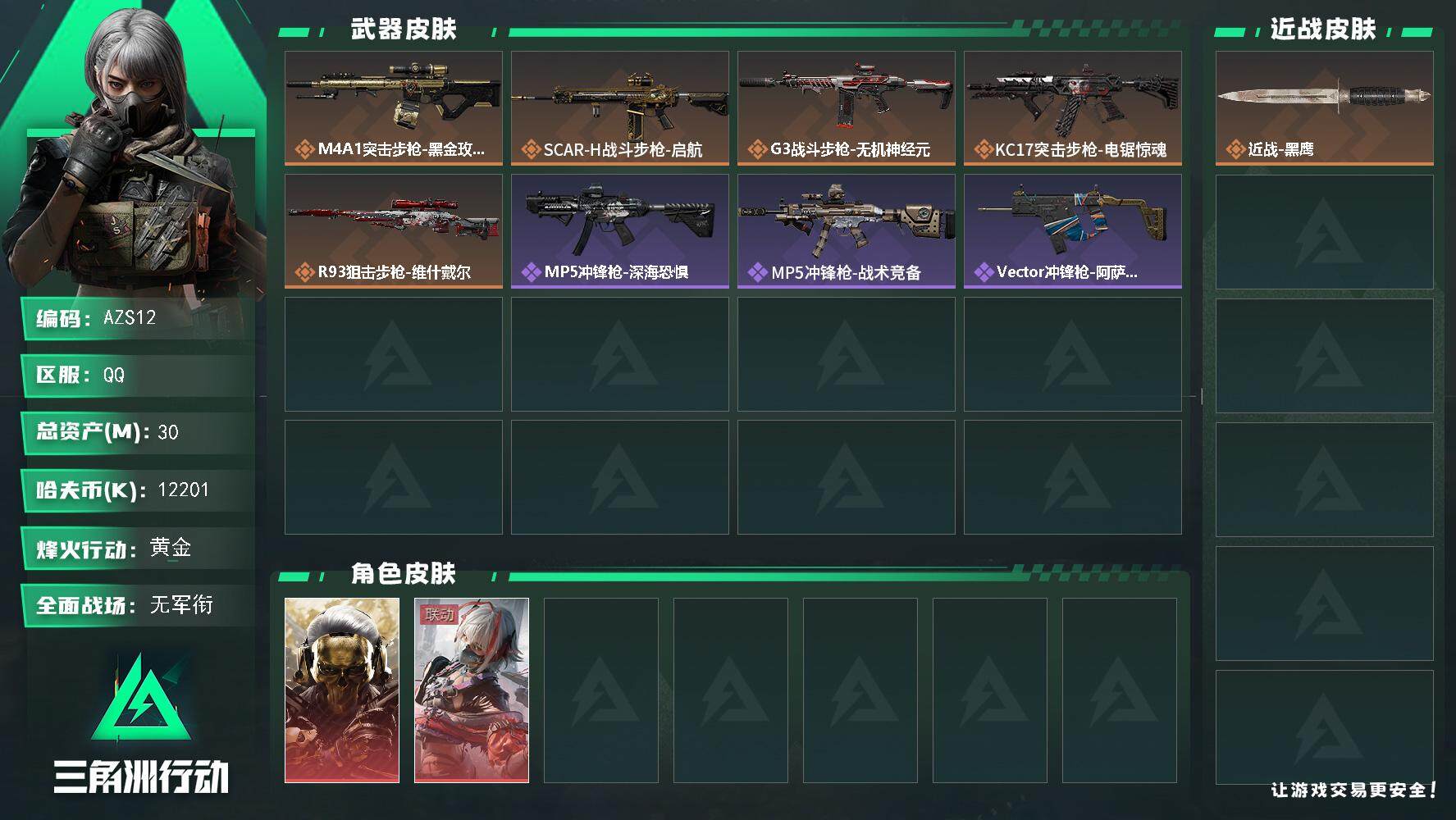 三角洲行动账号QQ【AZS12】12201k哈伏币-27m流动资产-30烽火等级-黄金-2战场等级-无军衔
【干员外观