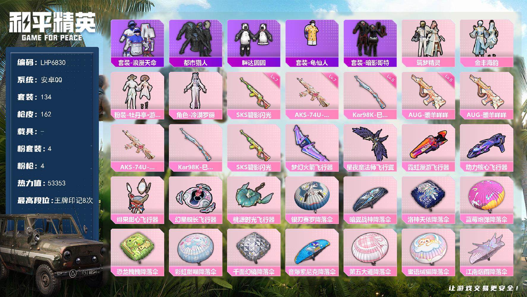 和平精英账号安卓QQ0载具-134套装-162枪皮-可二次【店主推荐捡漏号！可直接换绑】/地铁满天赋 安卓 手Q-4粉装