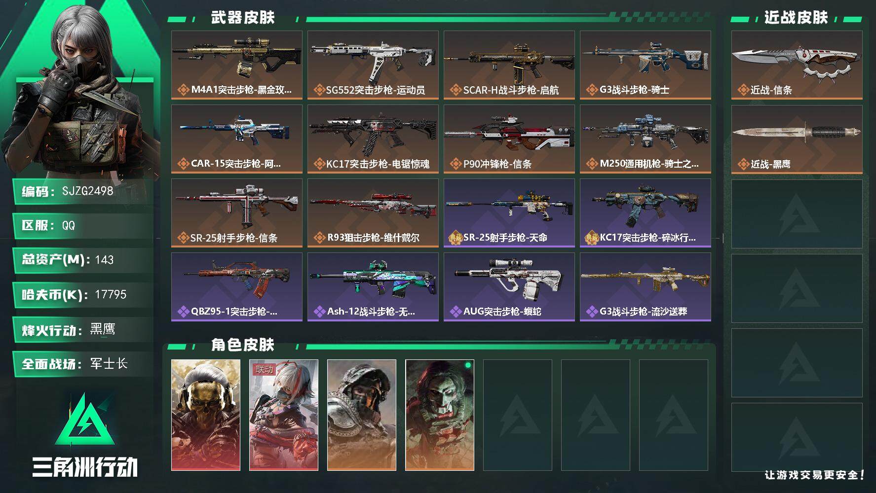 三角洲行动账号QQ【SJZG2498】总资产(M)：143M/哈夫币(K)：17795K/哈夫币(K)：17795K/全面战场等级：28_段位：军士长/烽火地带等级：60_段位：黑鹰/红狼-蚀金玫瑰/骇爪-维什戴尔/